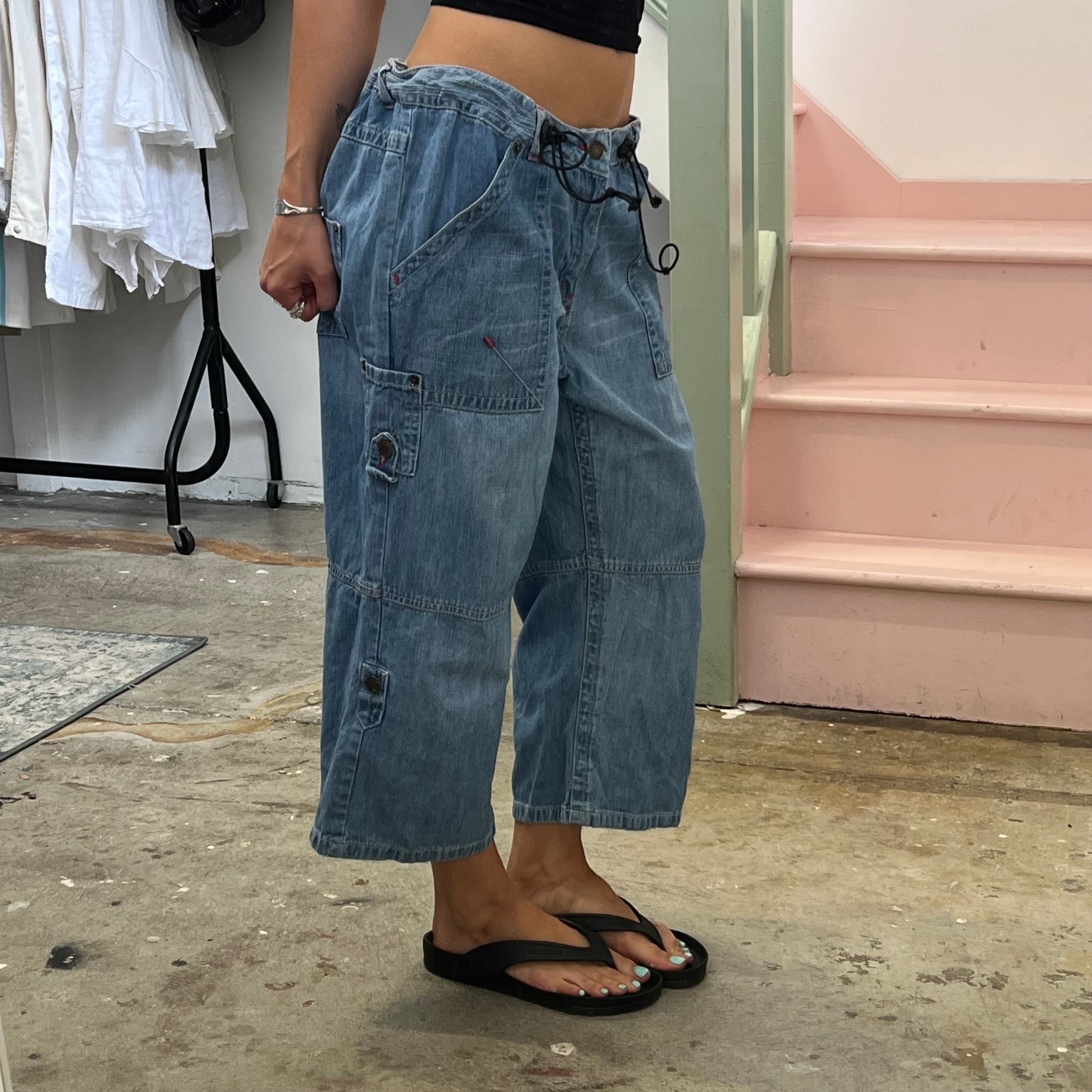 Blue wide leg baggy denim cargo capris