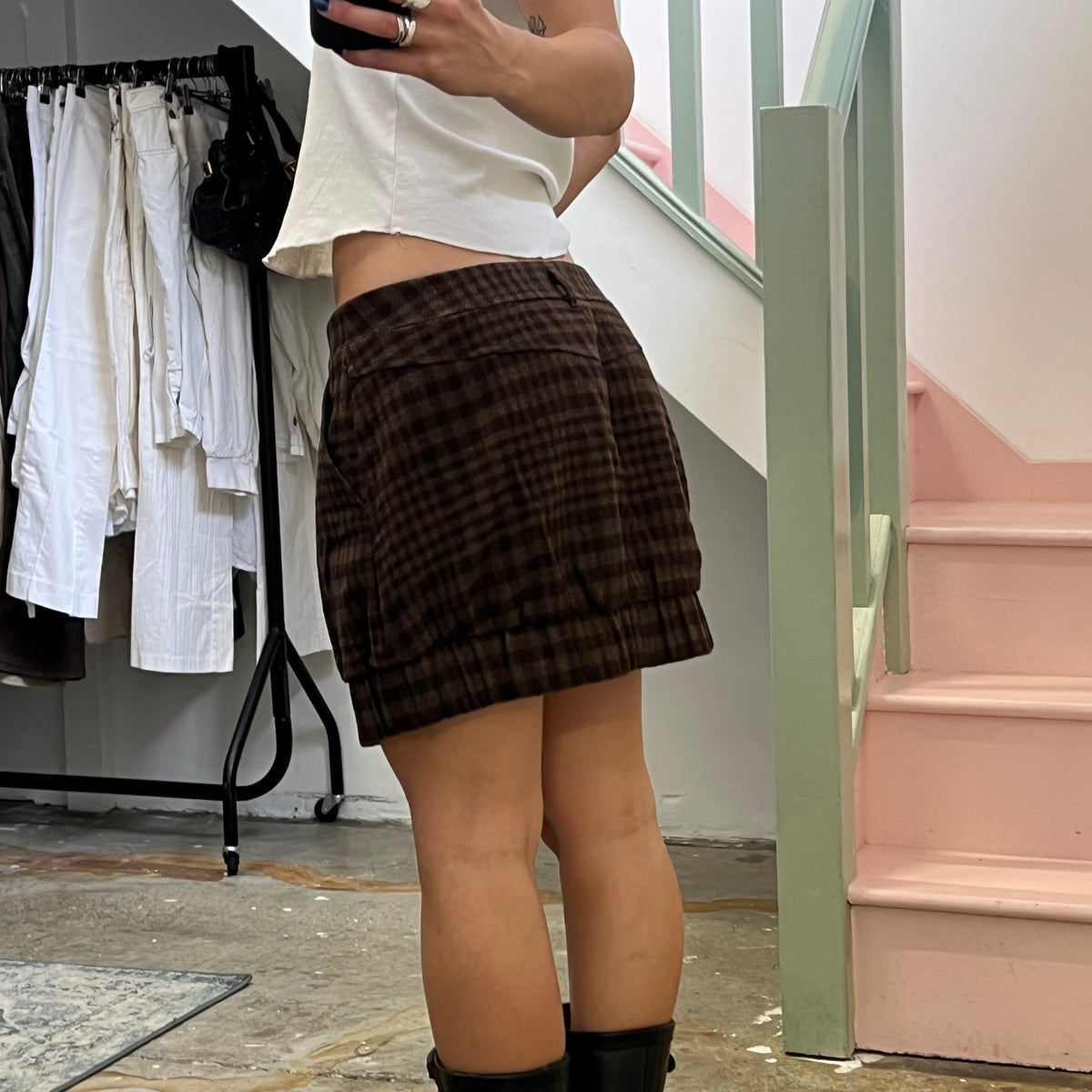 Sisley brown checkered mini bubble skirt