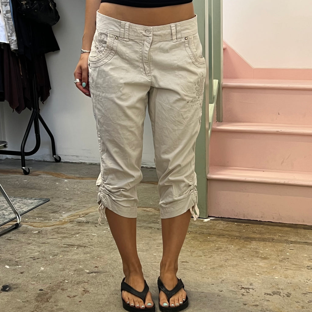 Cream embroidered ruched cargo capris
