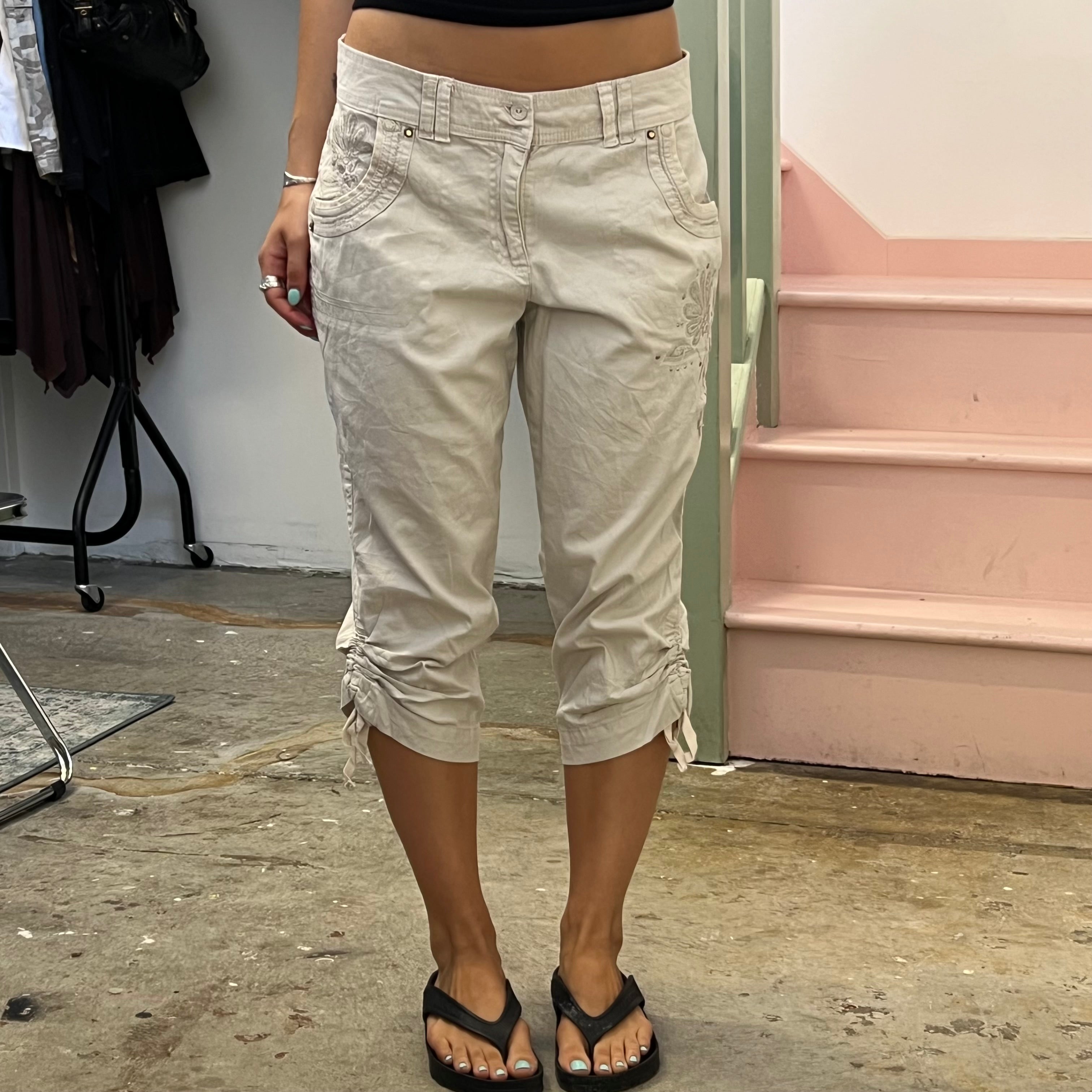 Cream embroidered ruched cargo capris