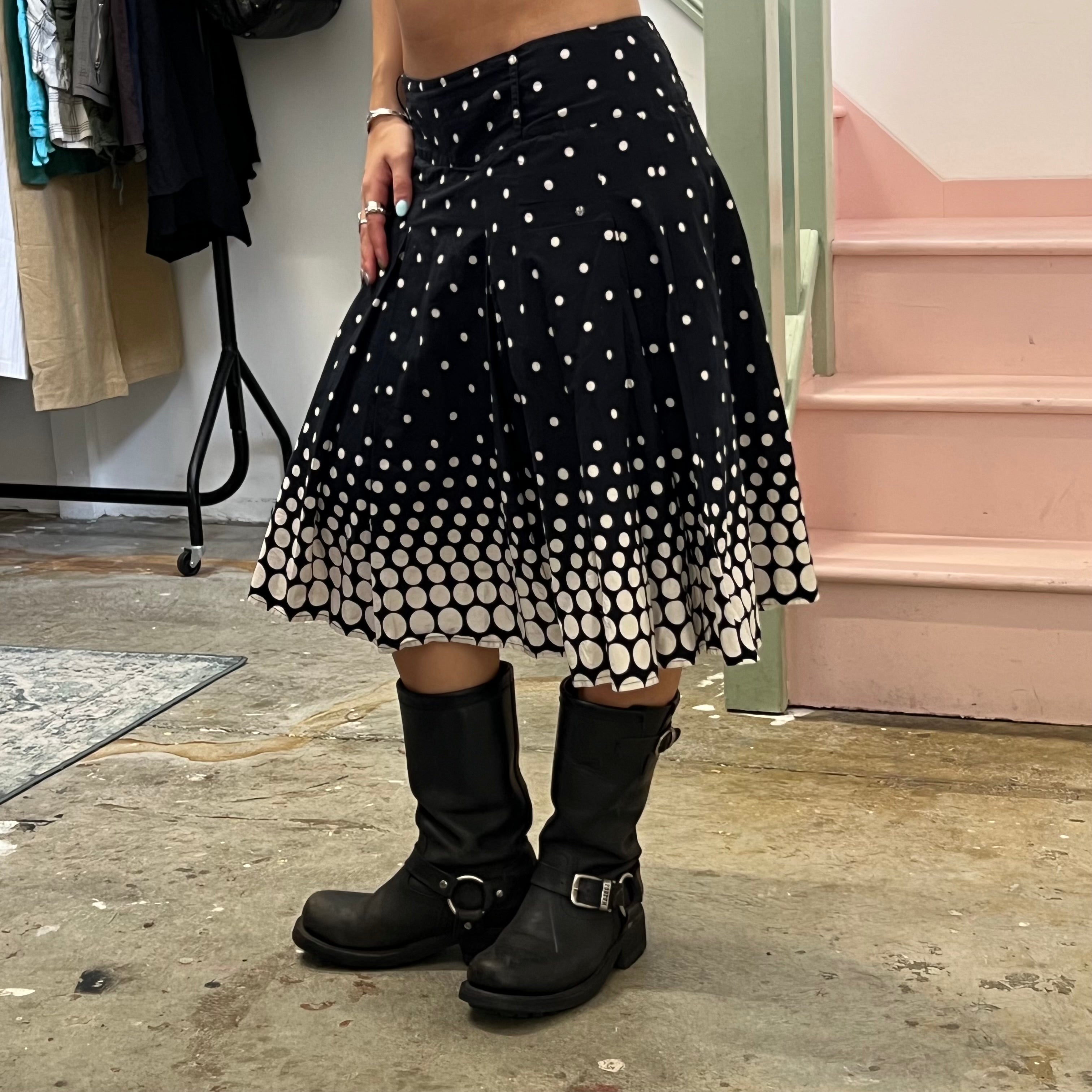 Navy and white polka dot pleated midi