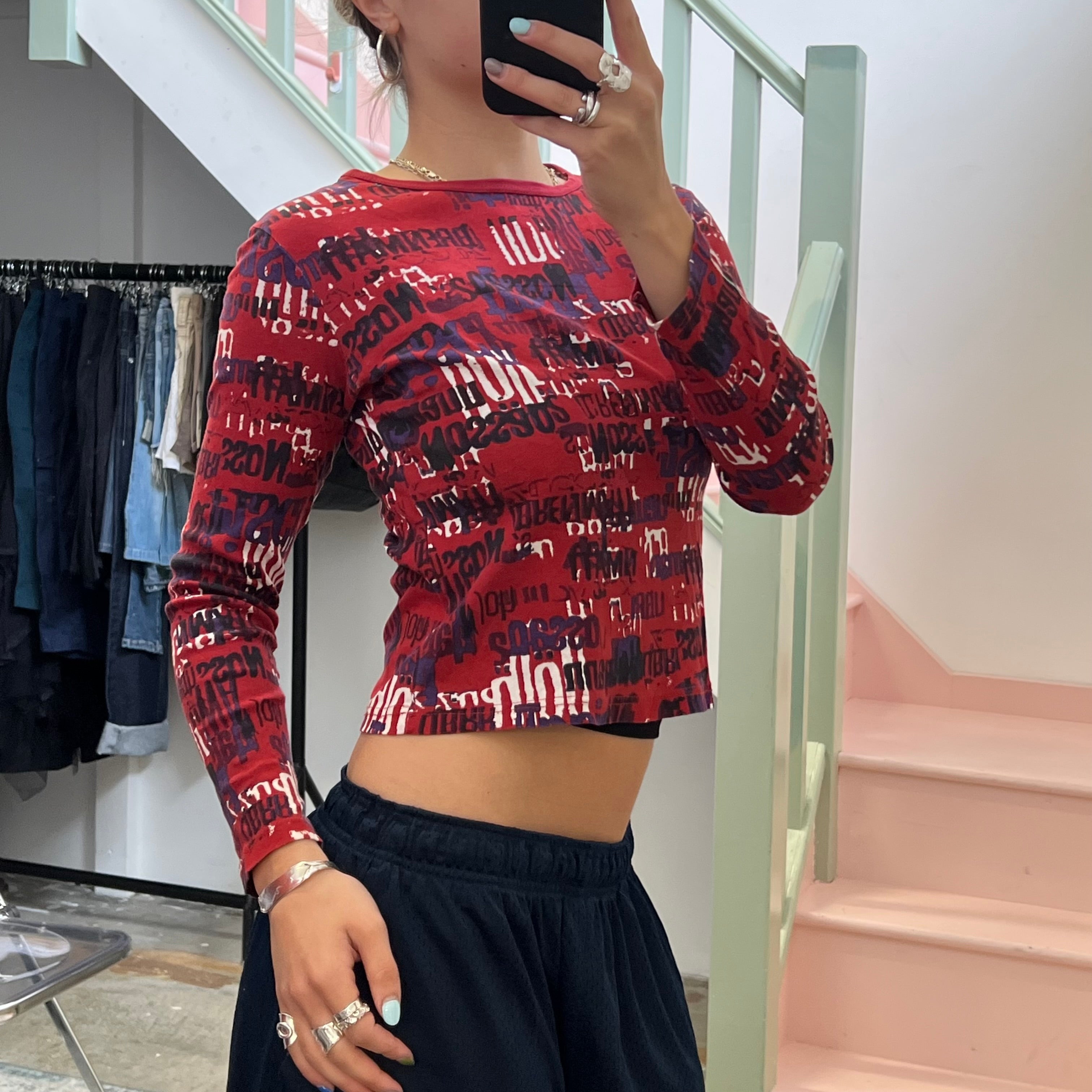 Red and purple graphic print top