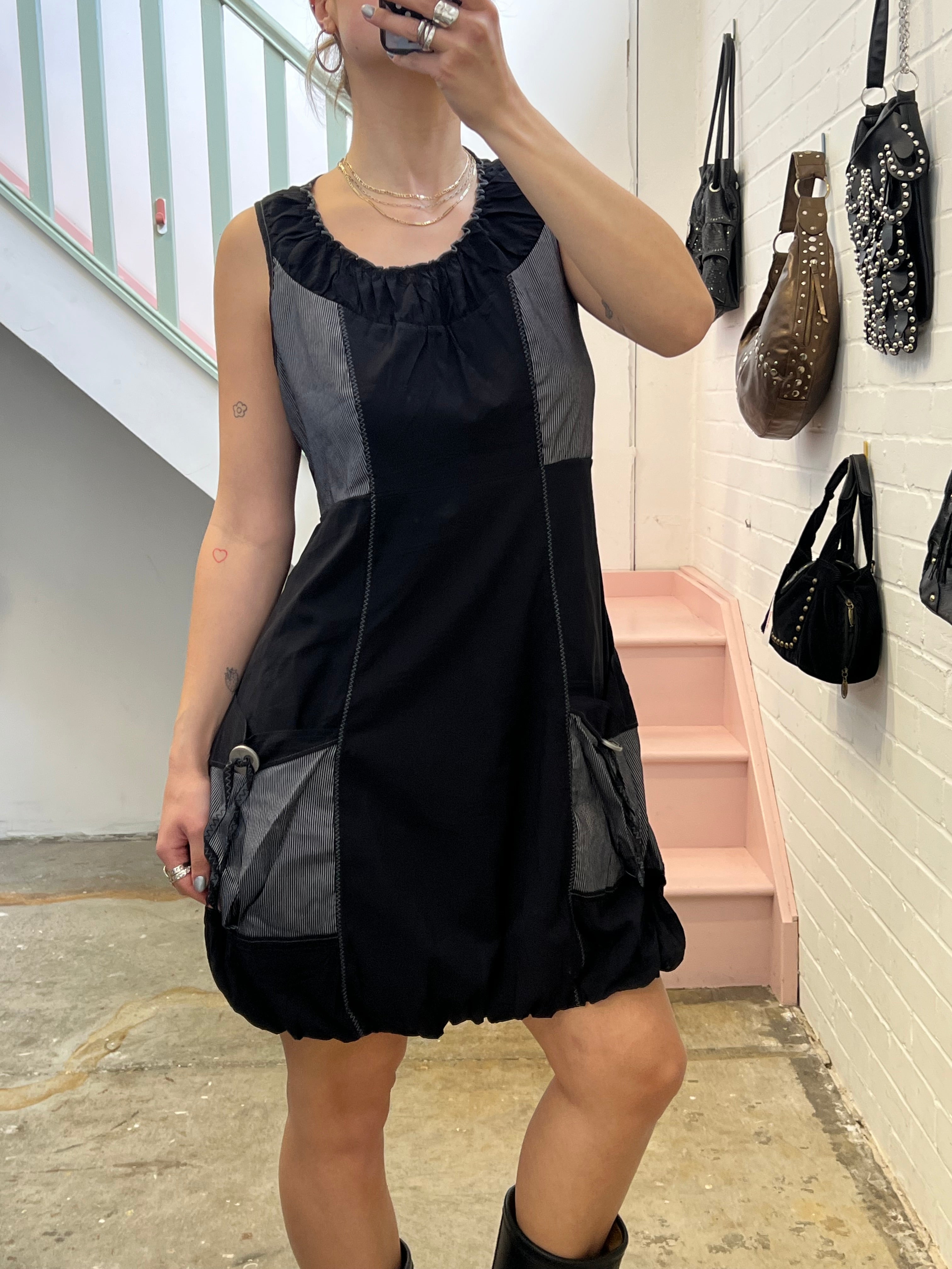Black and grey utility style bubble mini dress
