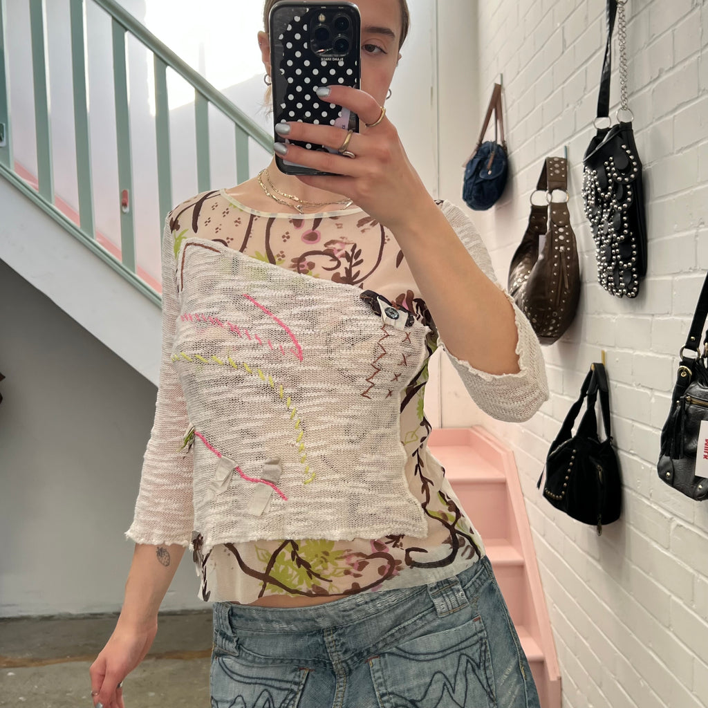 White mesh printed top with stitching detail