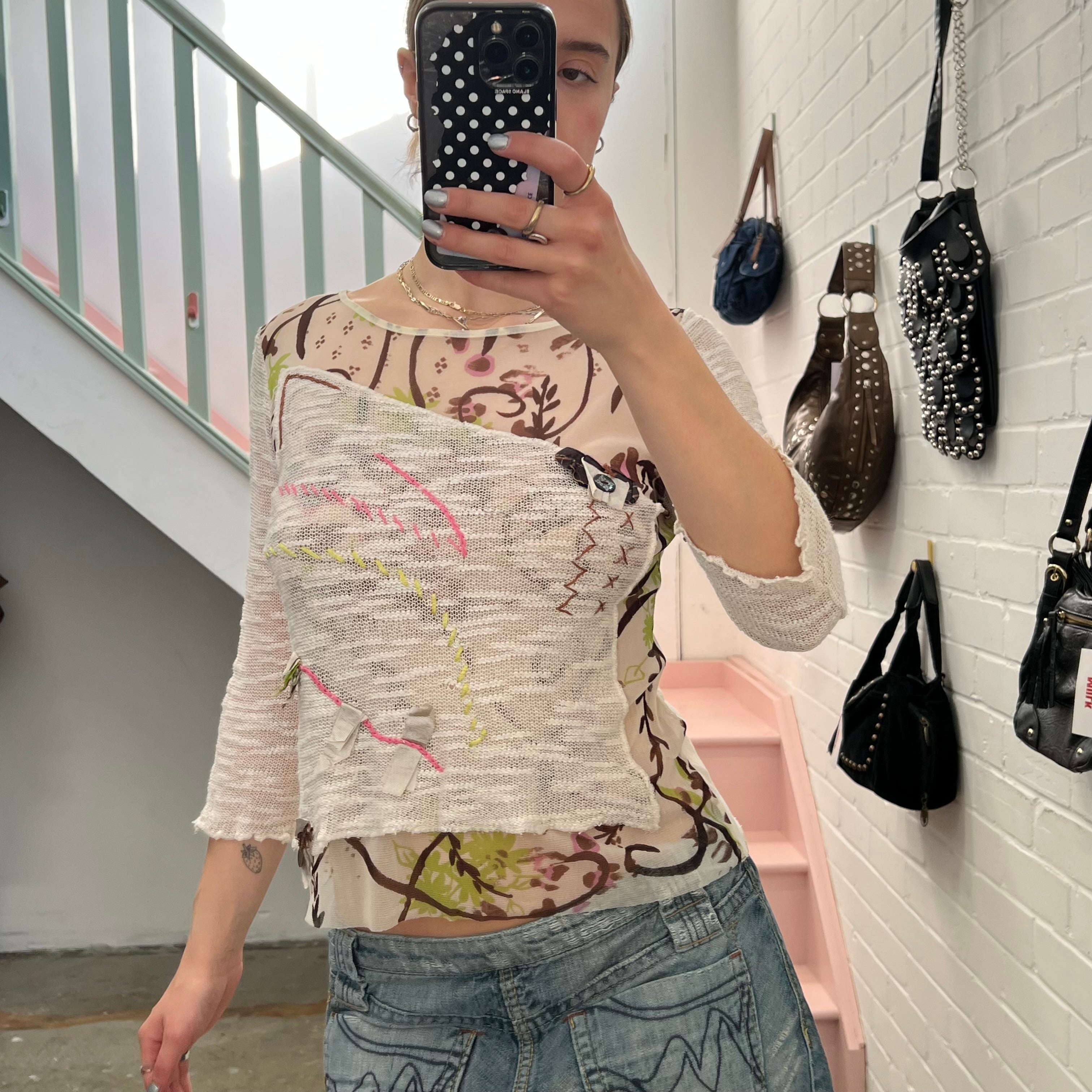 White mesh printed top with stitching detail