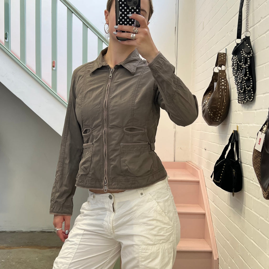 Khaki grey lightweight fitted zip up biker jacket