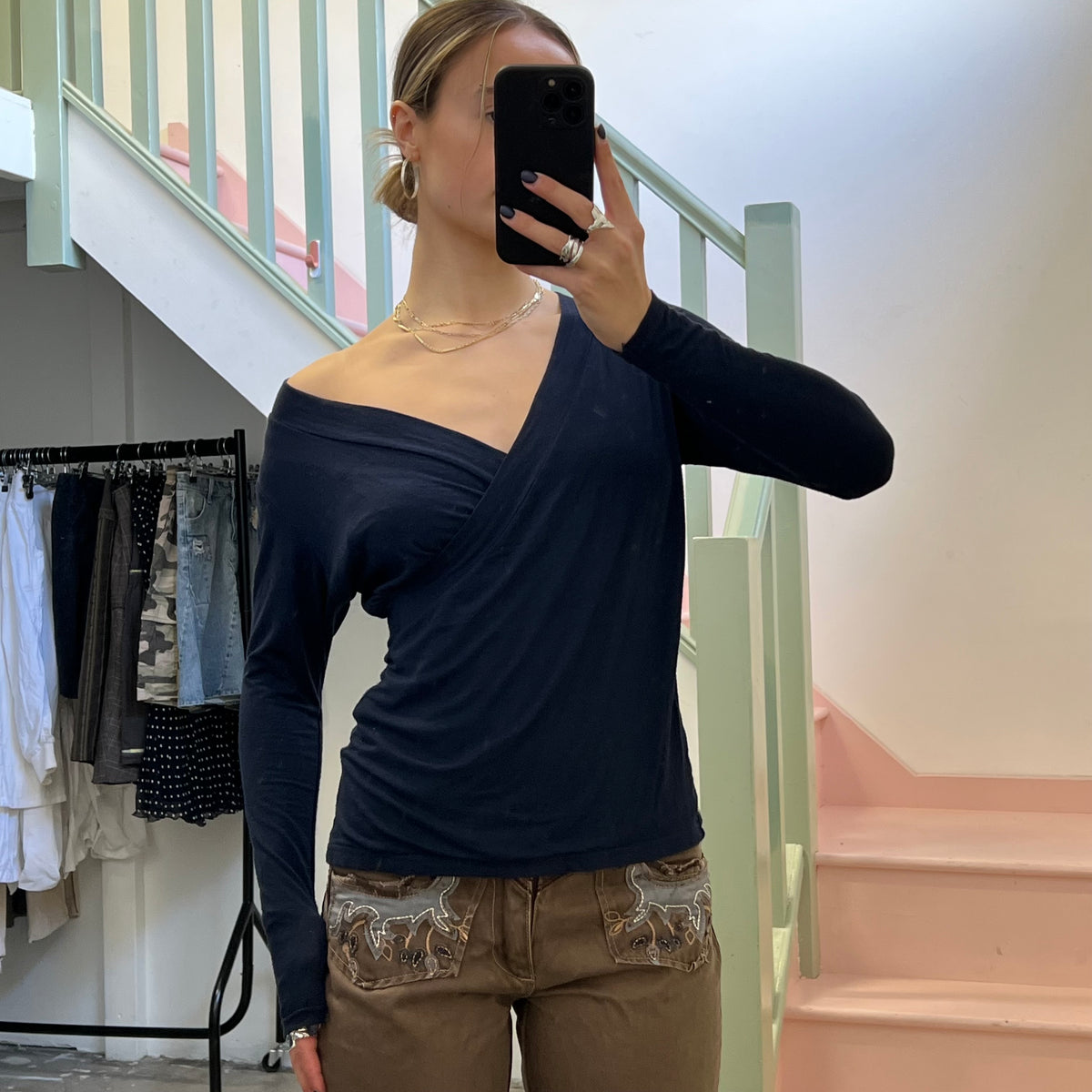 Navy v neck top