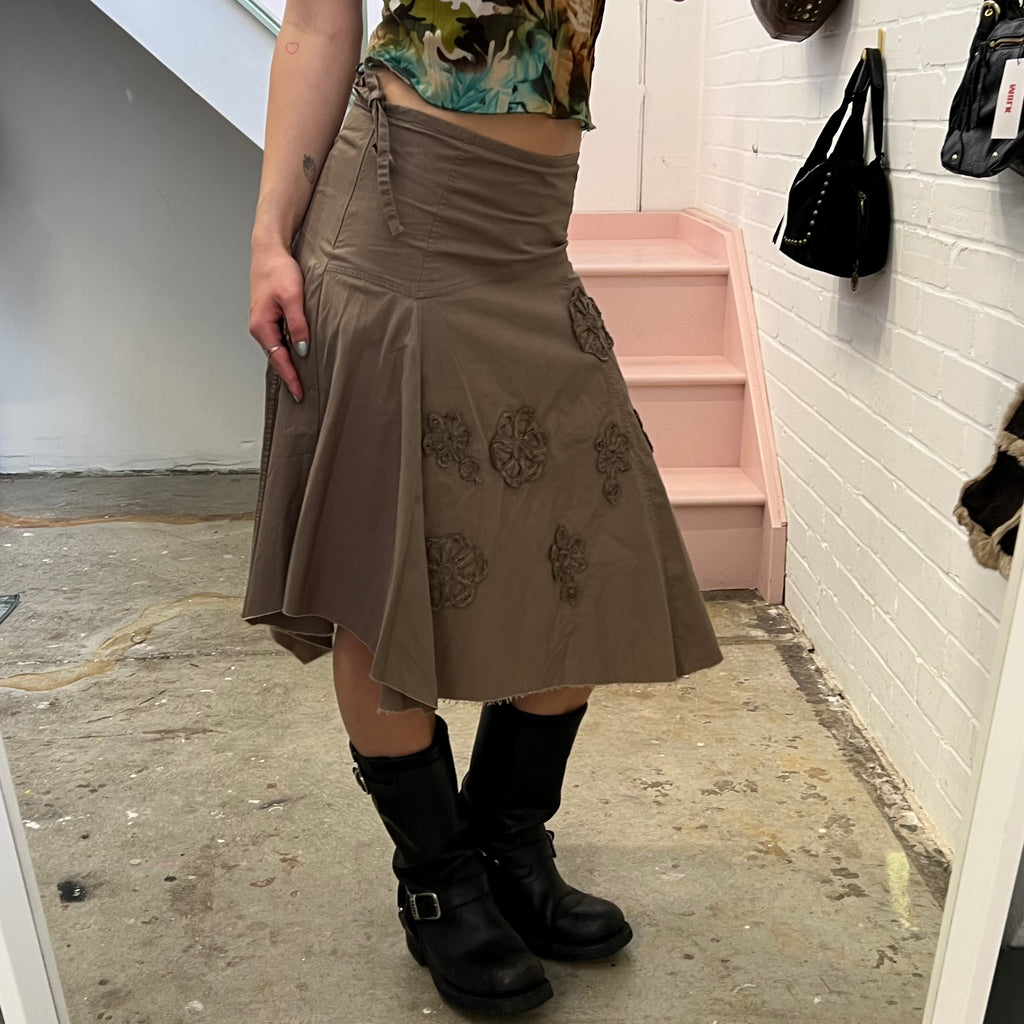 Khaki embroidered asymmetrical midi skirt