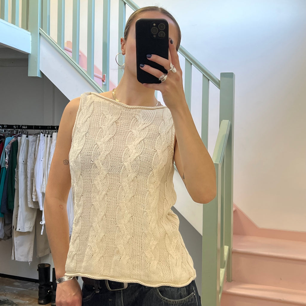 Cream cable rib boat neck vest