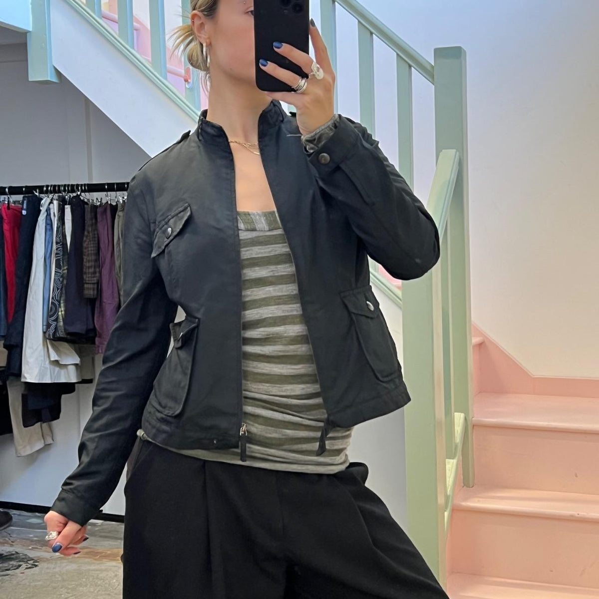 Sisley black fitted zip up biker jacket