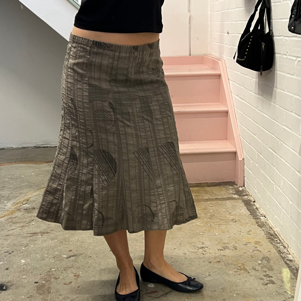 Grey polka dot geo print crinkle floaty midi skirt