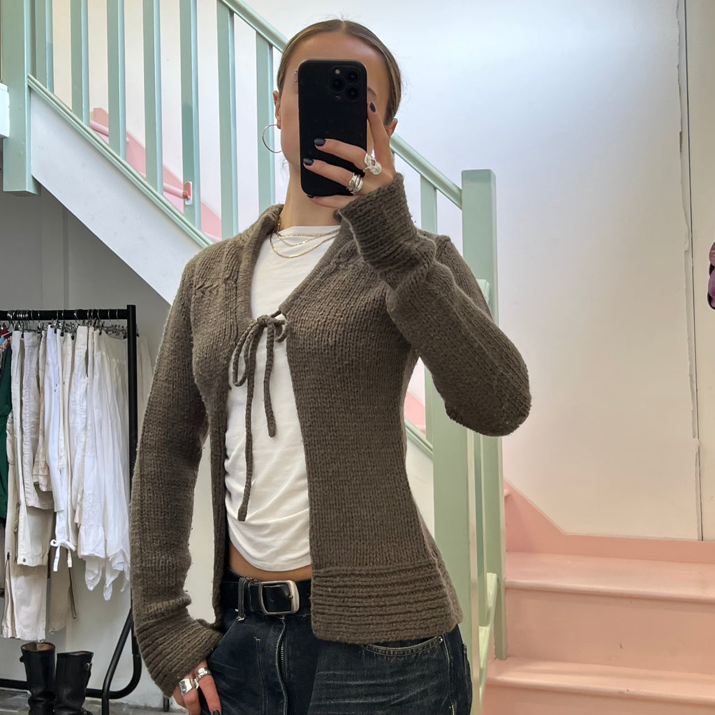 Brown tie up chunky knit cardigan