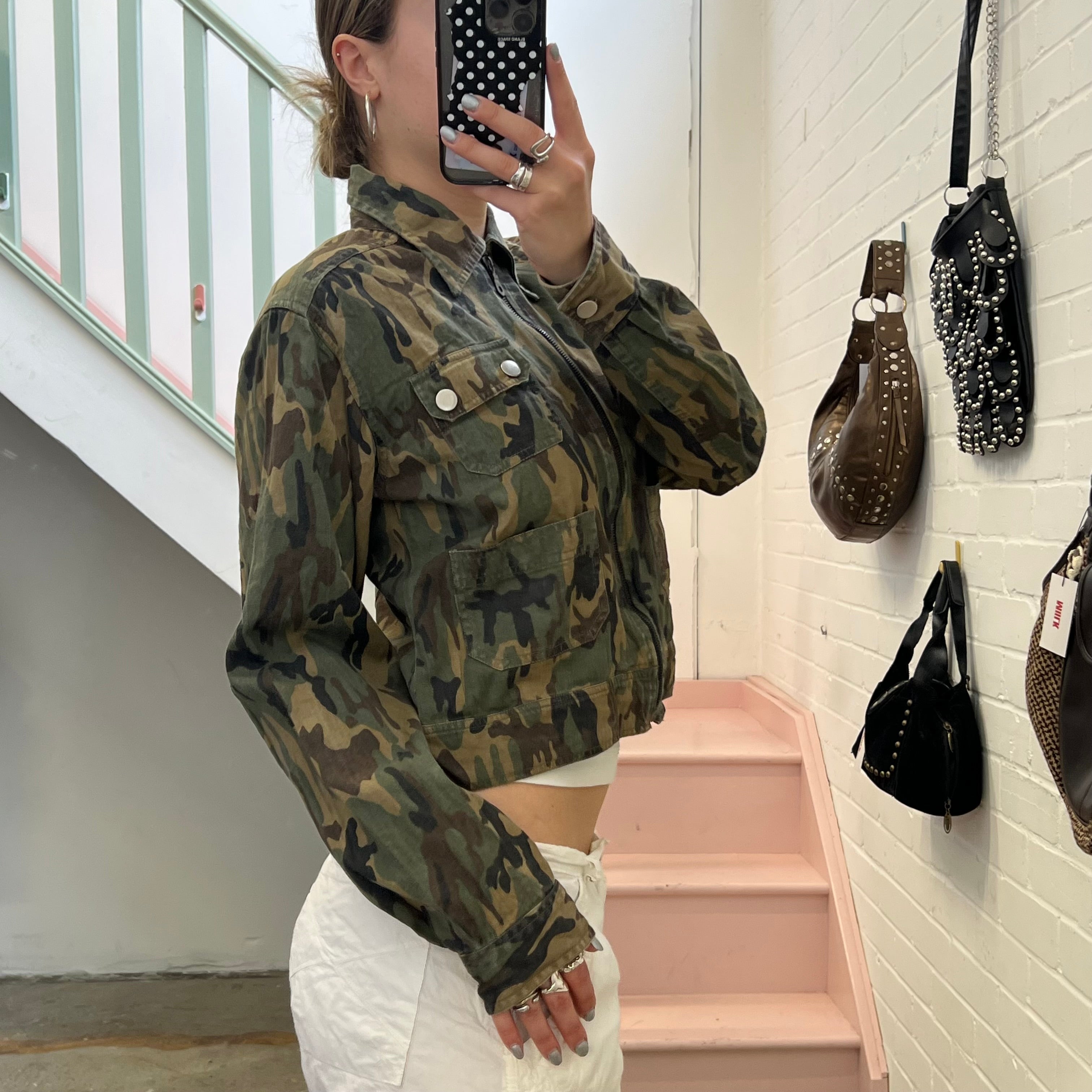 Khaki camo print zip up vintage lightweight jacket