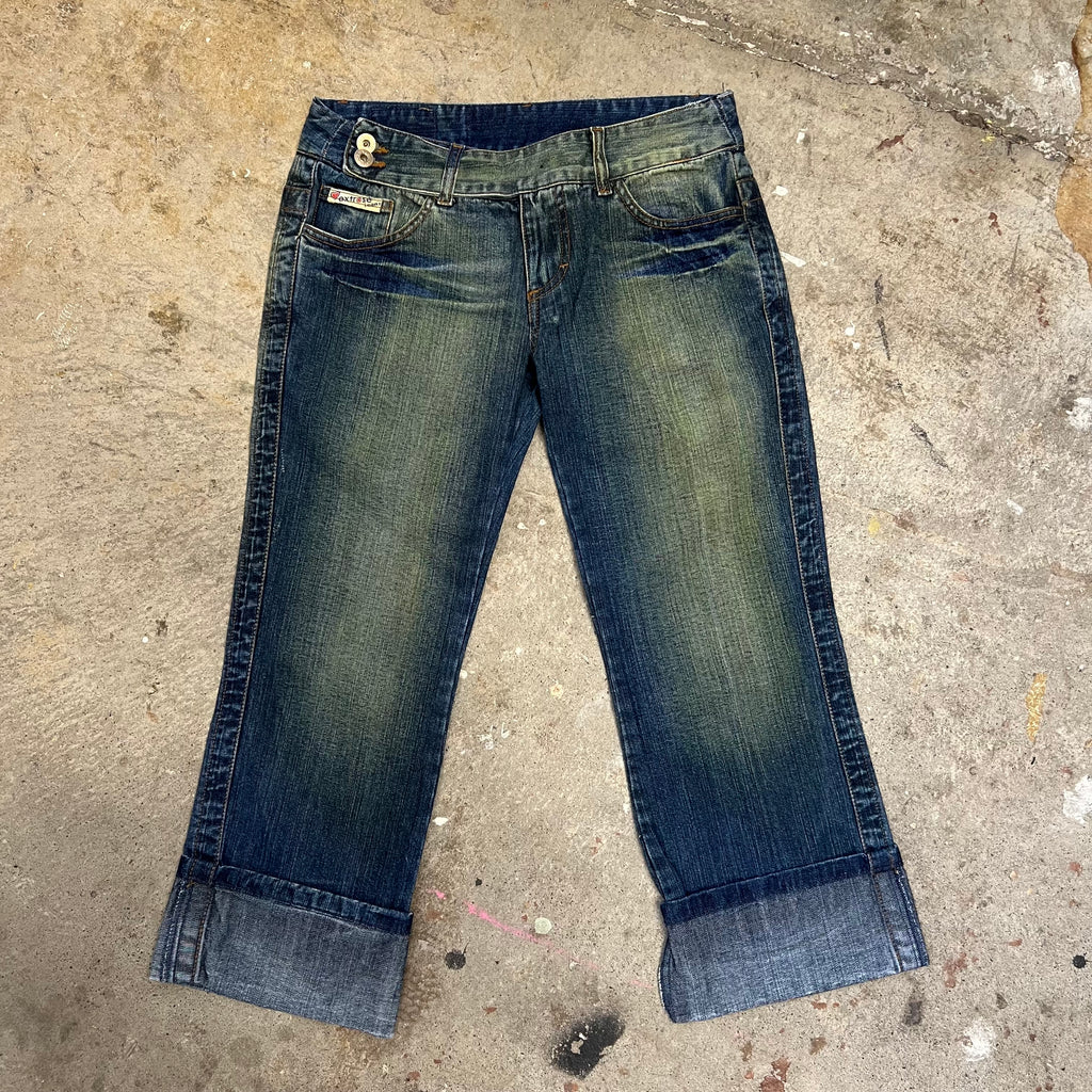 Dark acid wash fold hem denim capris