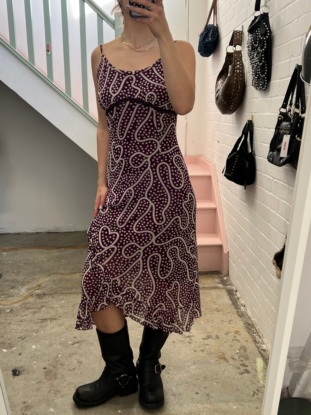 Purple and white polka dot strappy asymmetrical maxi dress