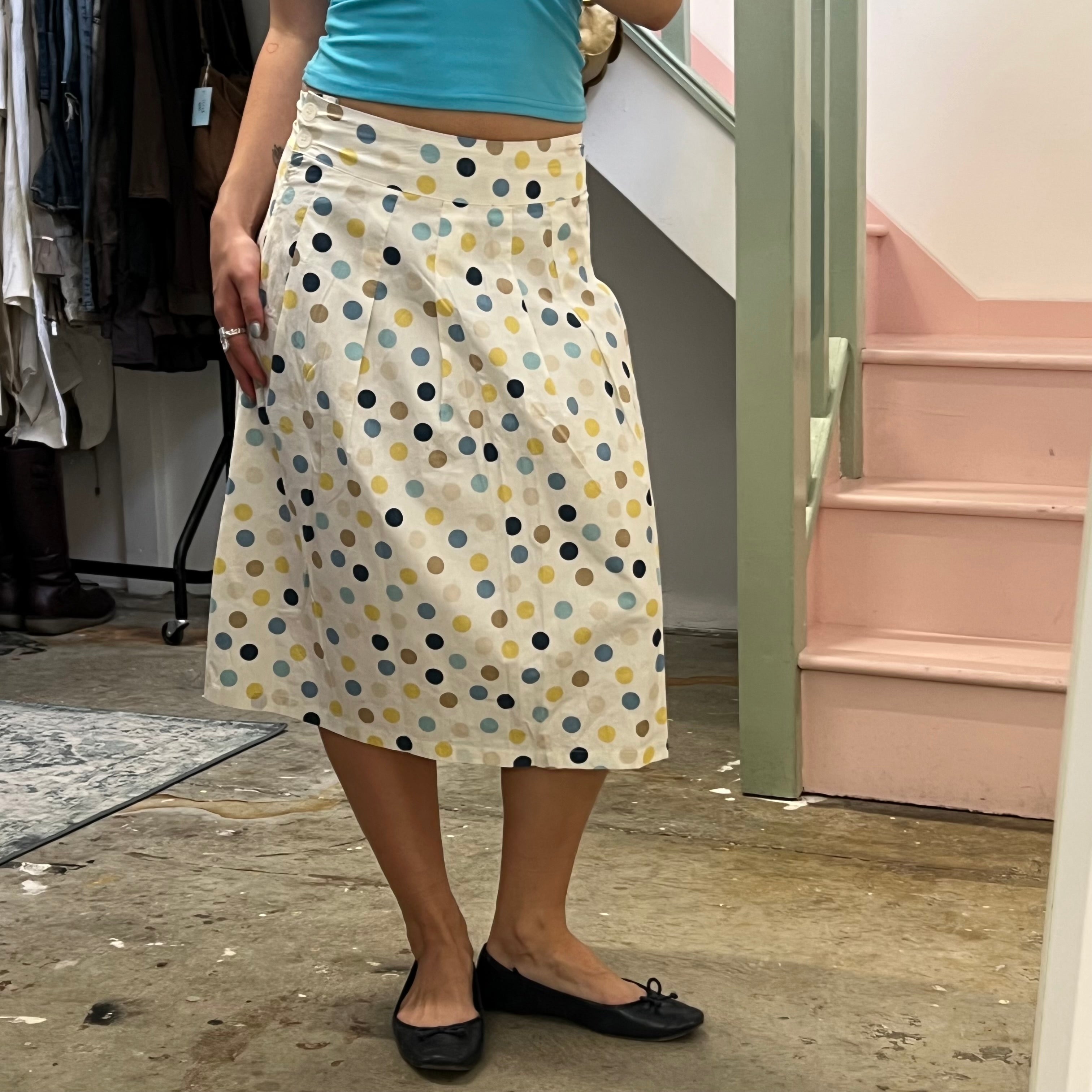 Blue and yellow polka dot pleated midi skirt