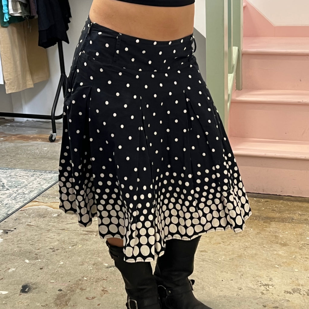 Navy and white polka dot pleated midi