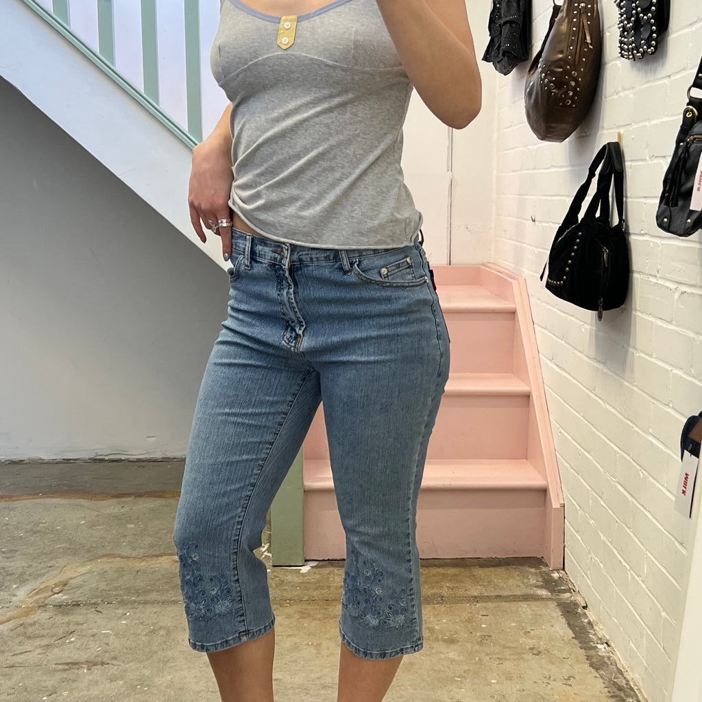 Embroidered denim capris