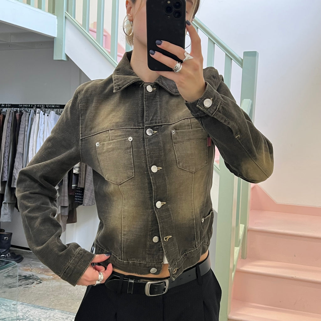Black acid wash button up denim jacket