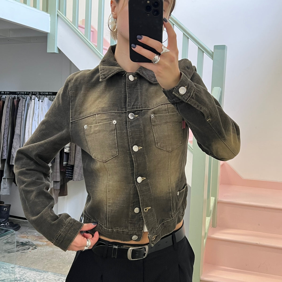 Black acid wash button up denim jacket