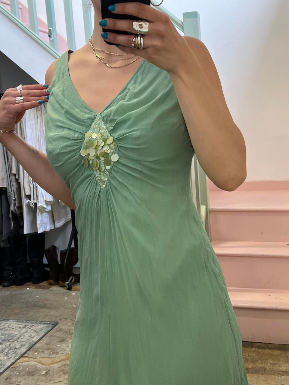 Teal silk sequin midi dress