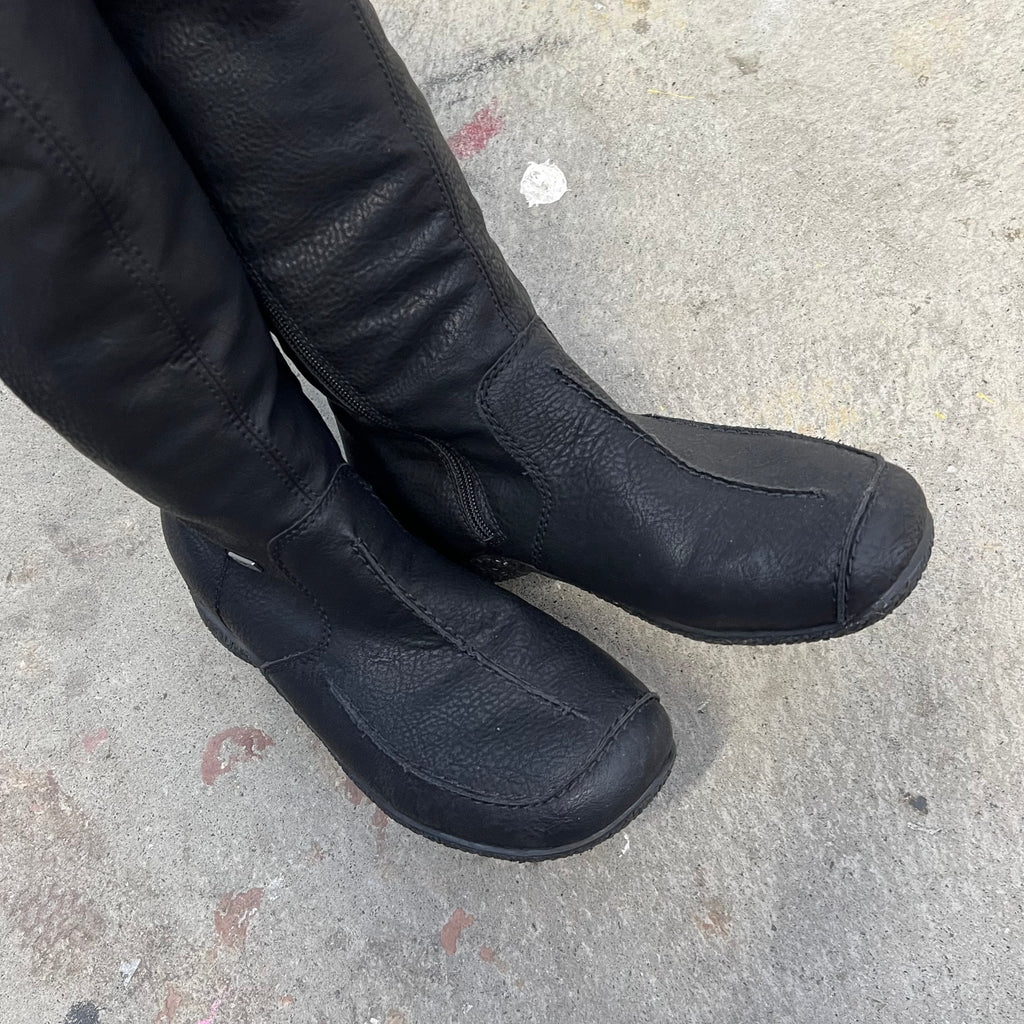 Black faux leather flat lace up knee high boots