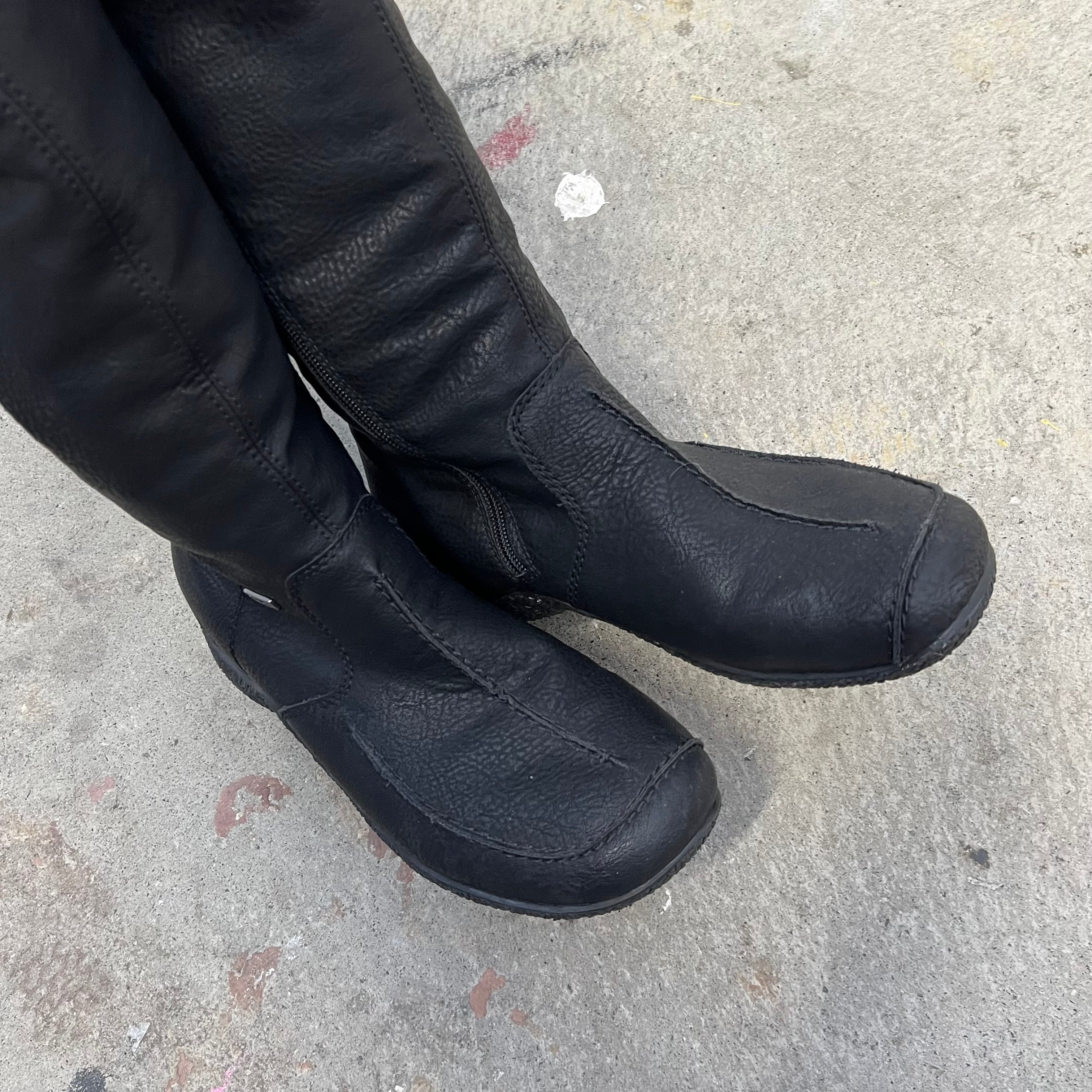 Black faux leather flat lace up knee high boots