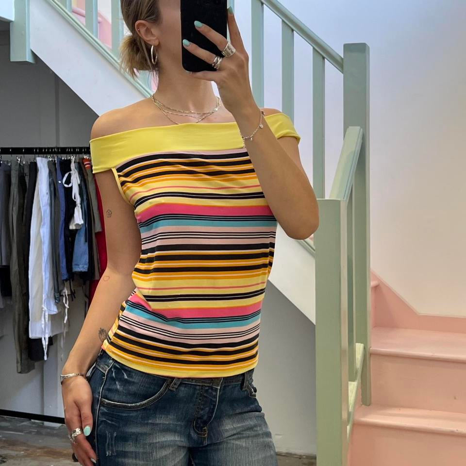 Yellow striped off shoulder top