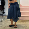 Navy layered asymmetrical fold waist midi skirt