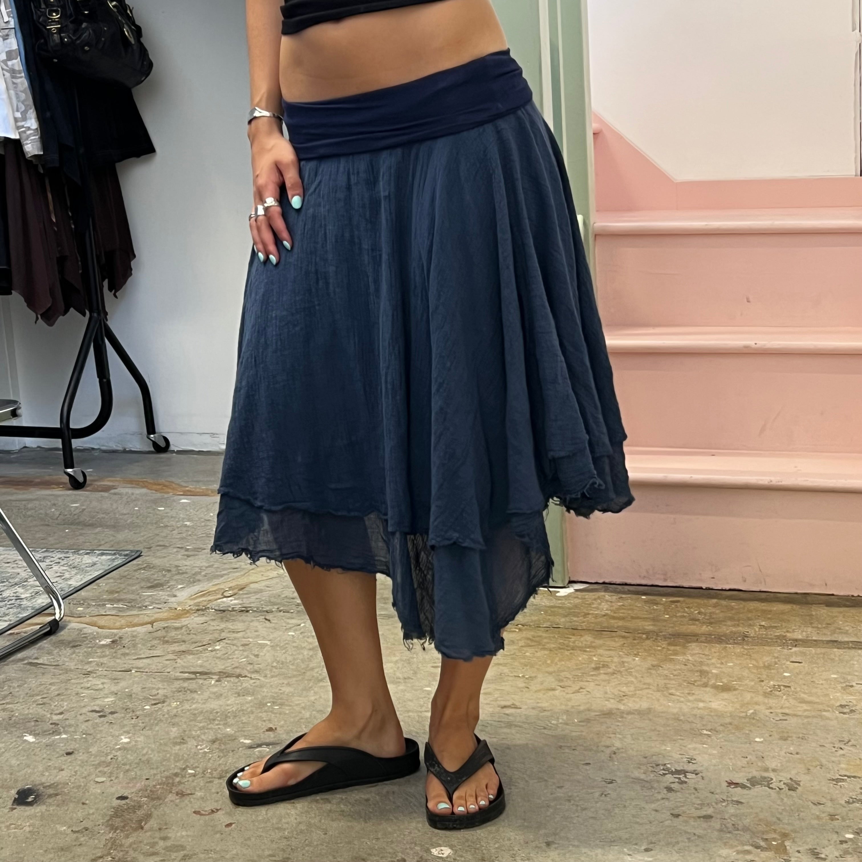 Navy layered asymmetrical fold waist midi skirt