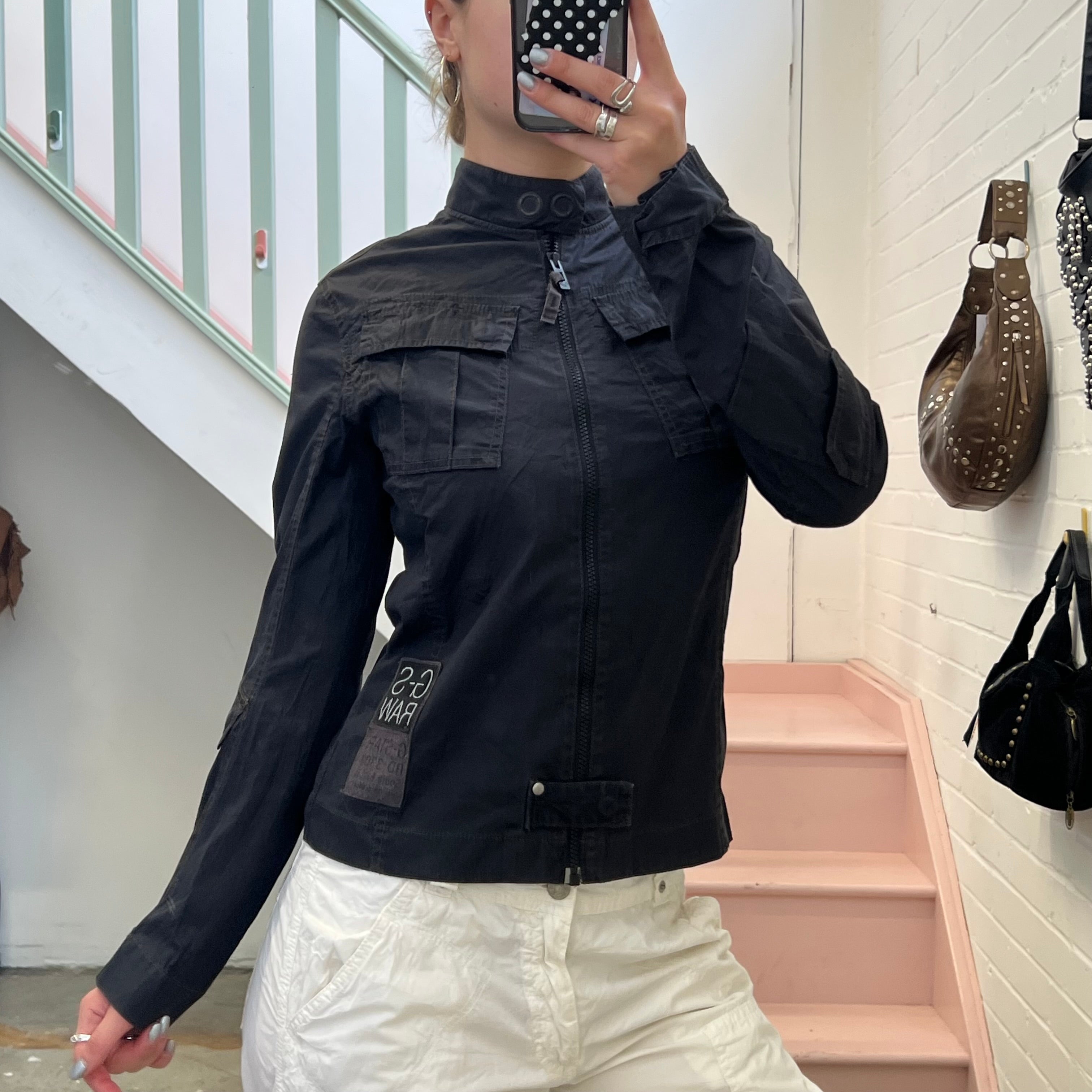 G-Star black fitted zip up lightweight biker jacket