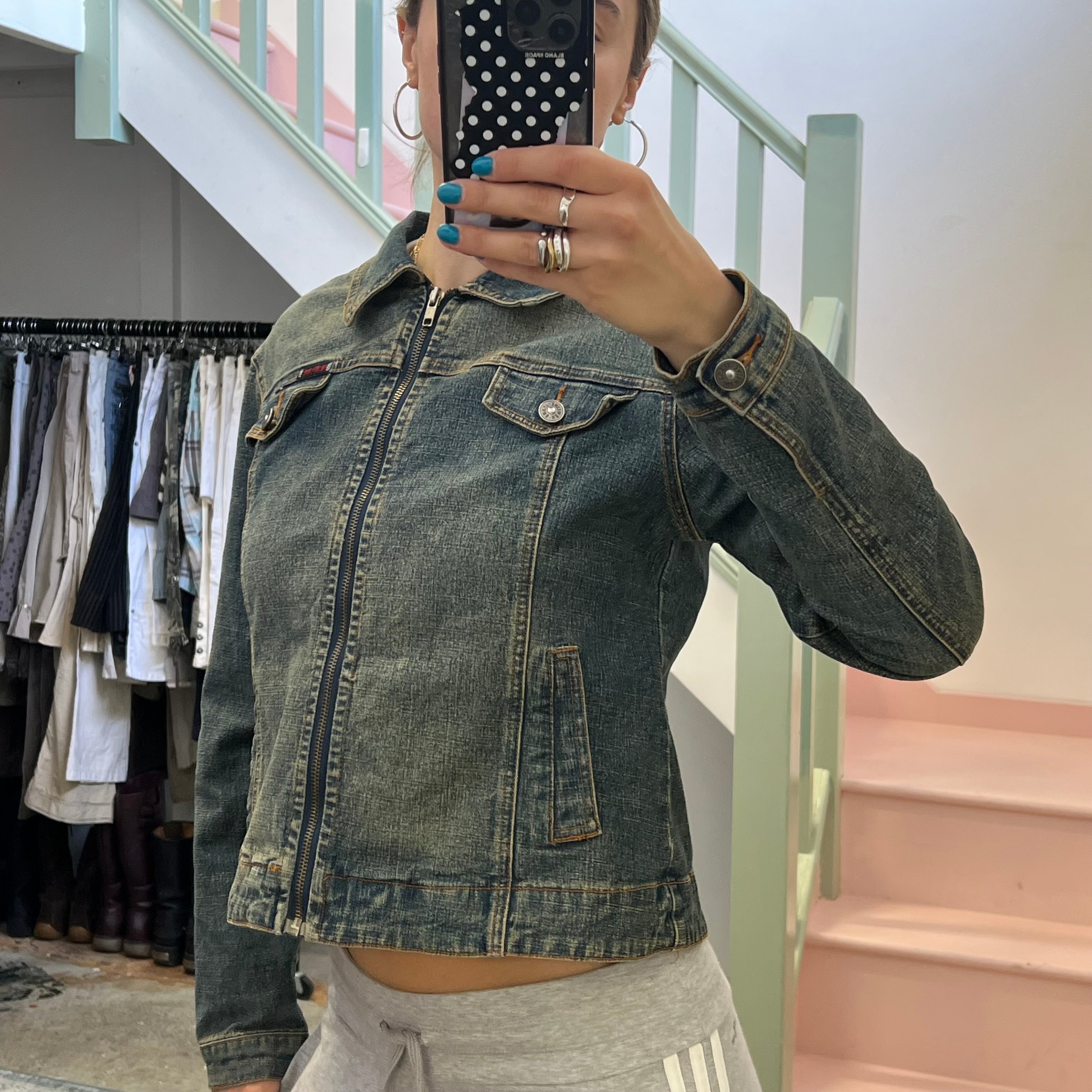 Acid wash zip up denim jacket
