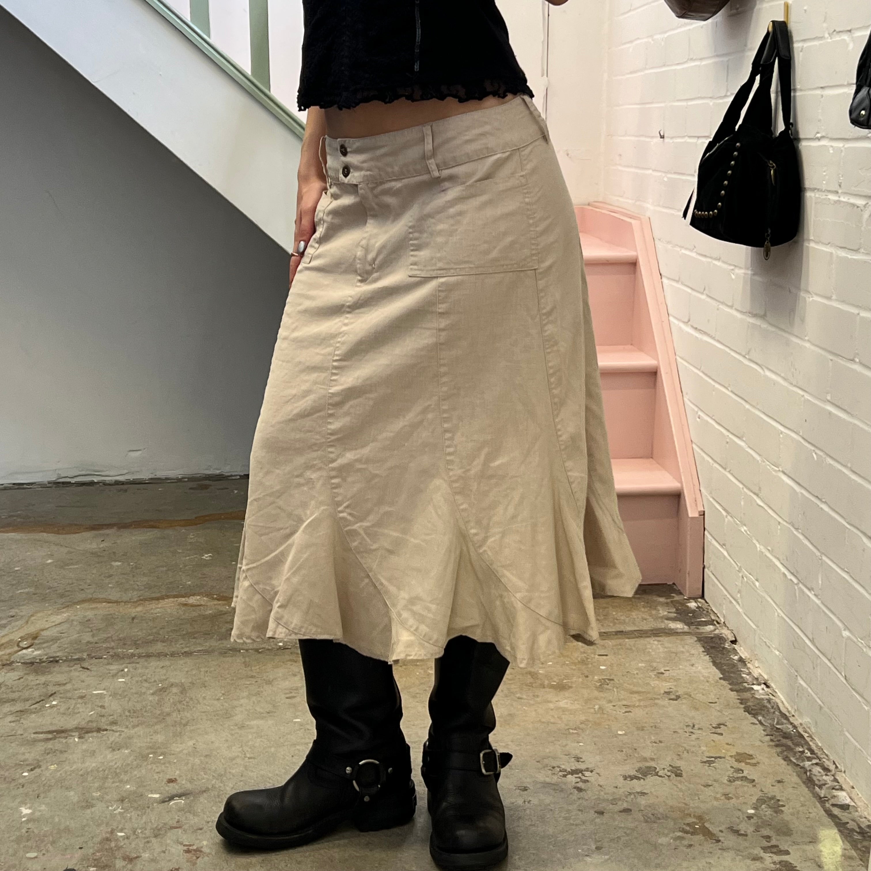 Cream linen pleated tailored maxi skirt