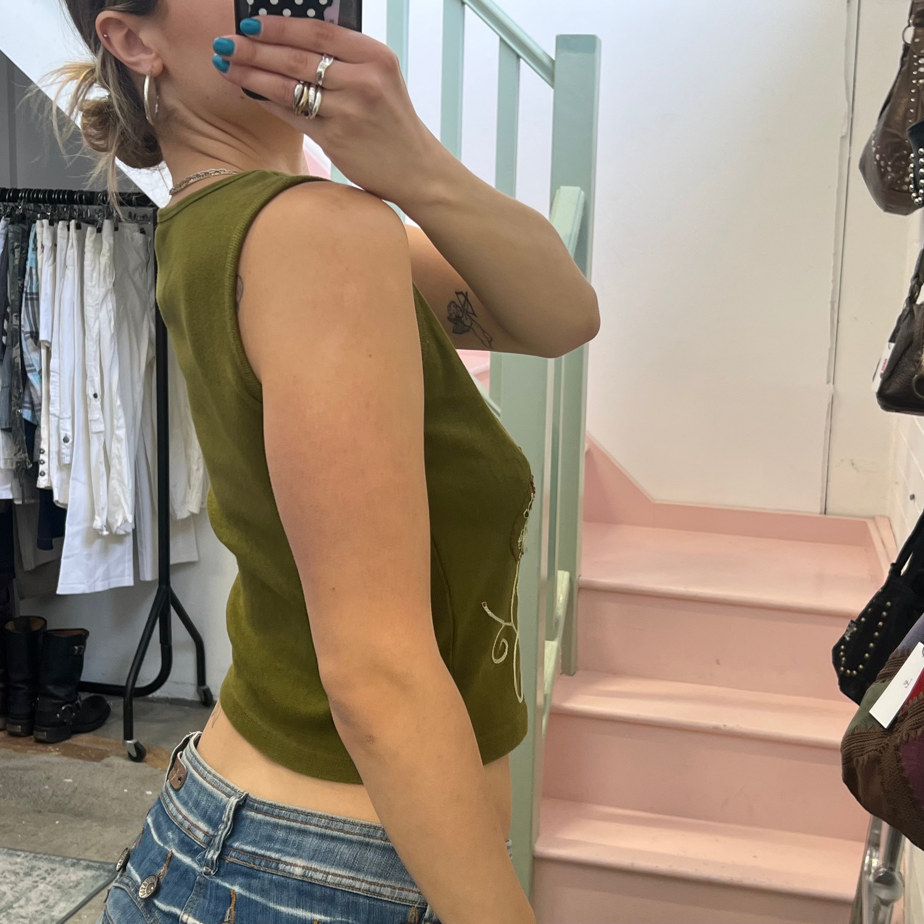Khaki embroidered vest top