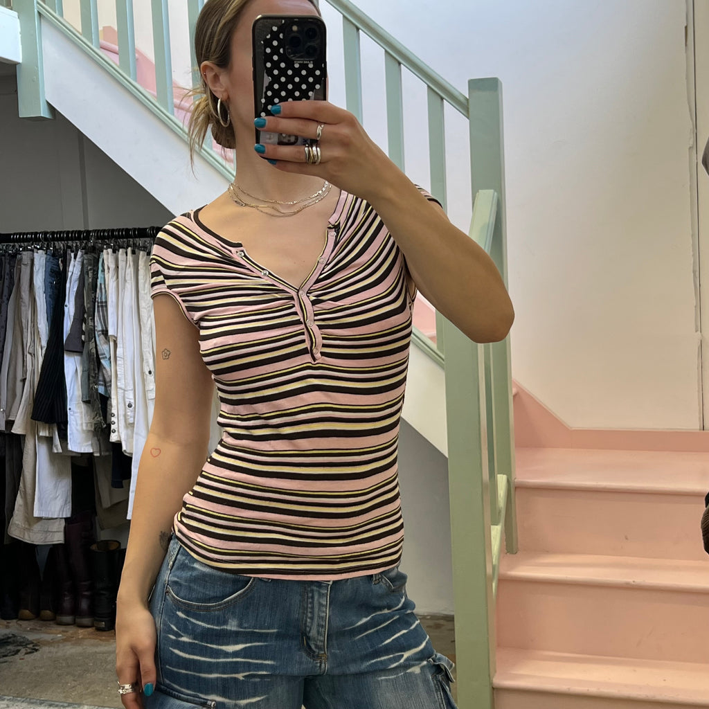 Pink striped button up v neck tee