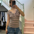Pink striped button up v neck tee