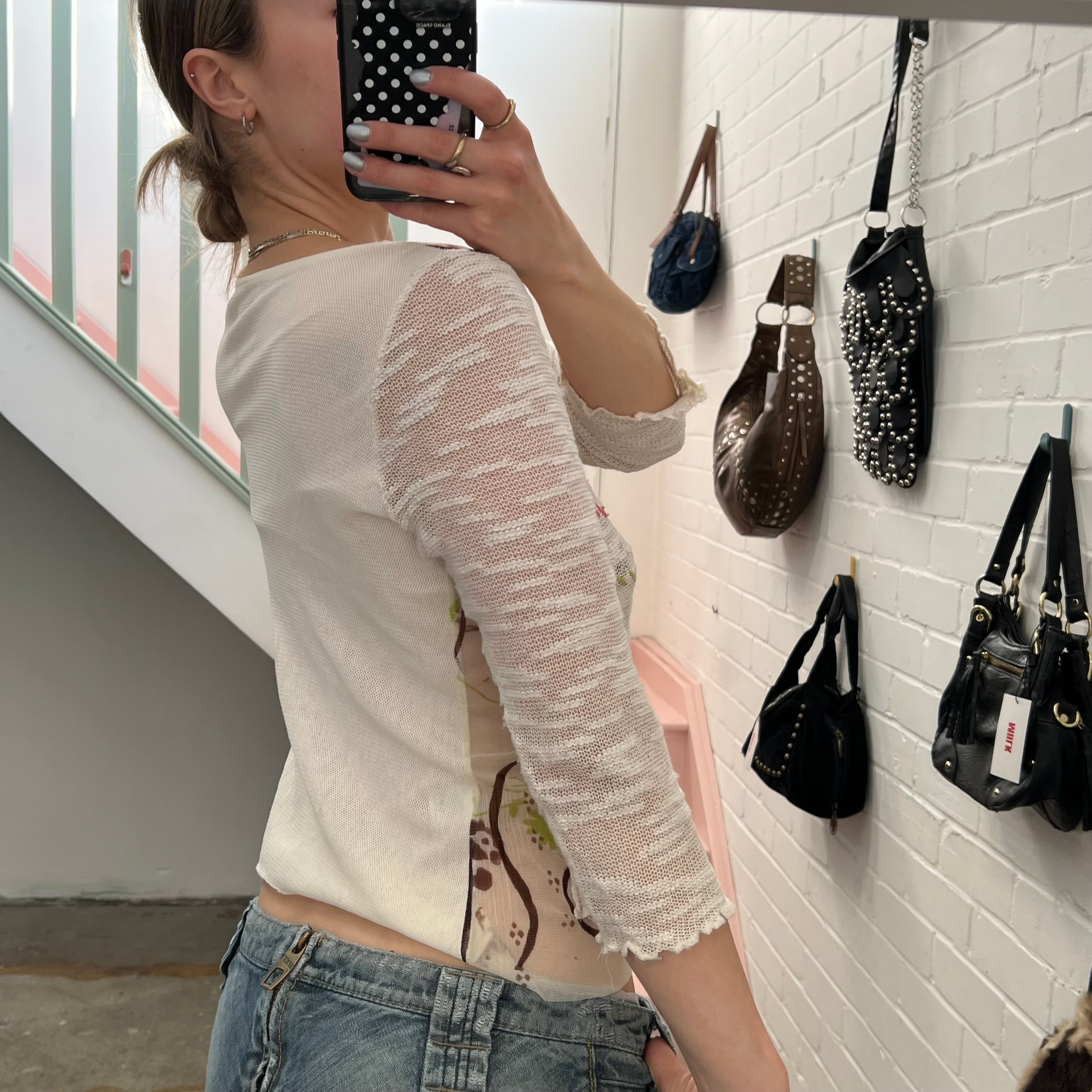 White mesh printed top with stitching detail