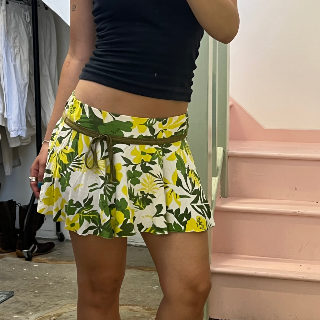 Yellow and green floral low rise mini skirt