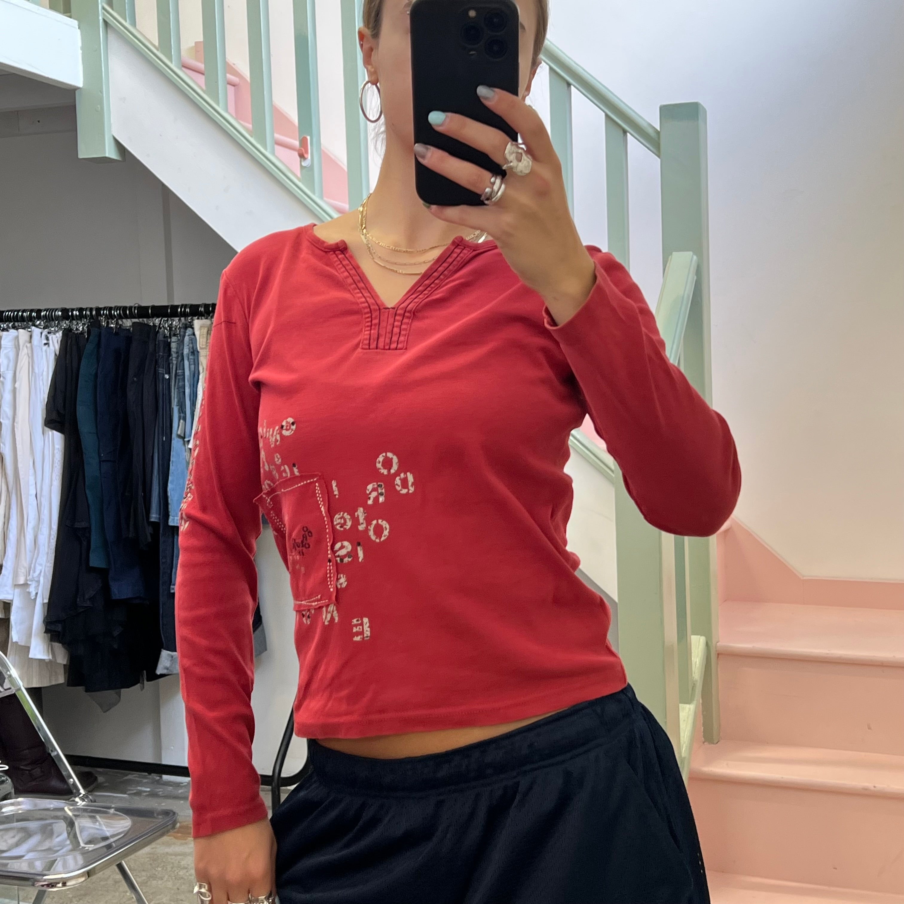 Red printed v neck top