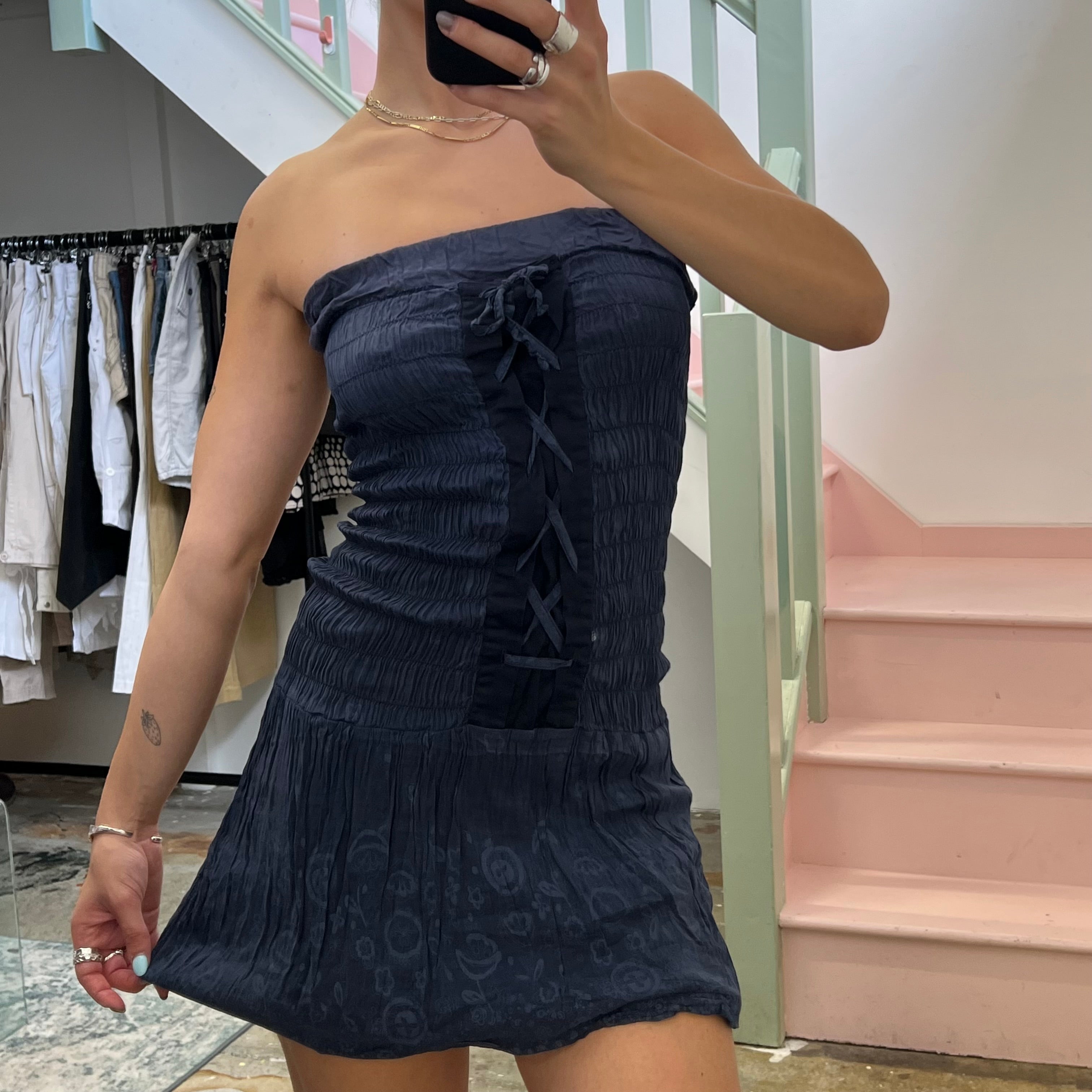 Navy silk strapless mini dress