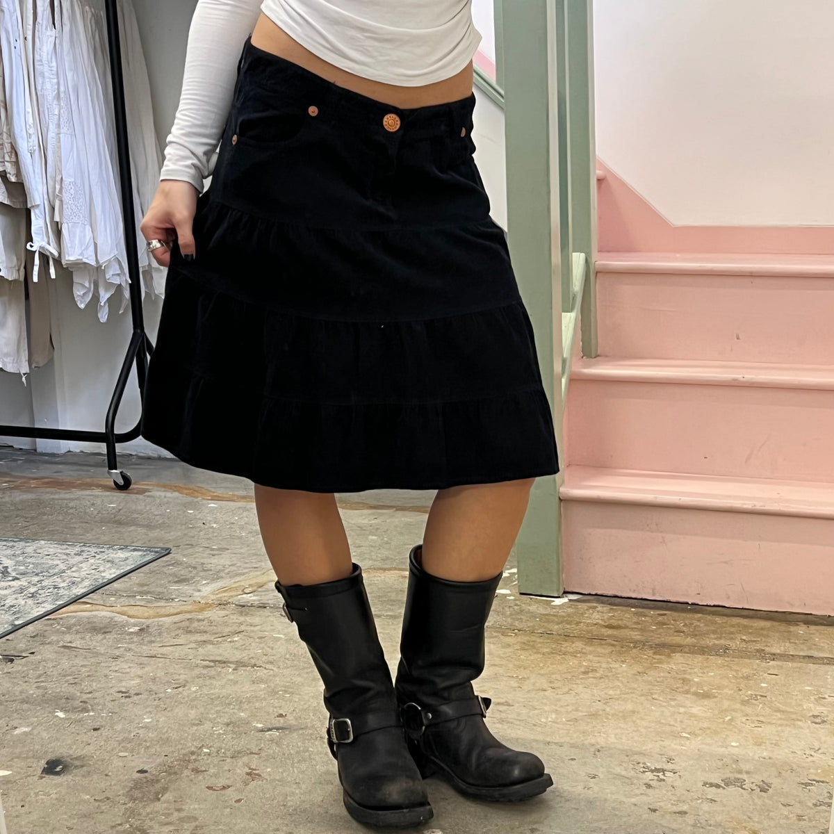 Black tiered corduroy midi skirt