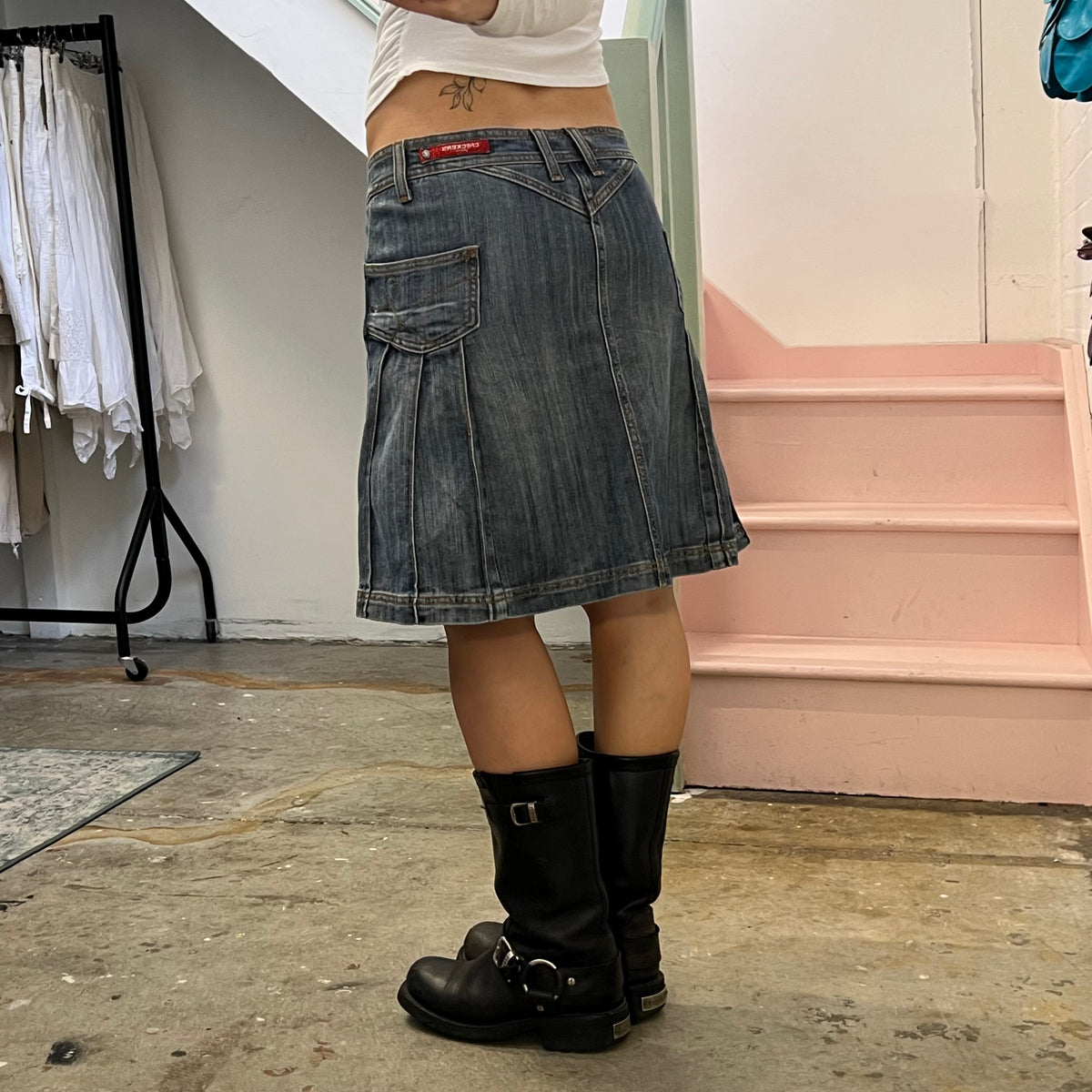 Denim pleated midi skirt