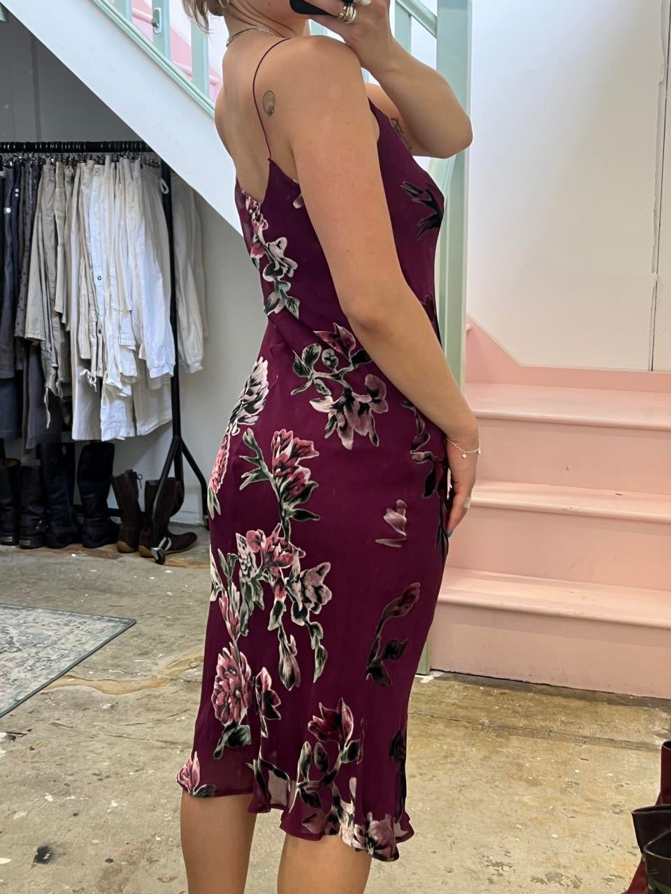 East purple floral silk slip dress