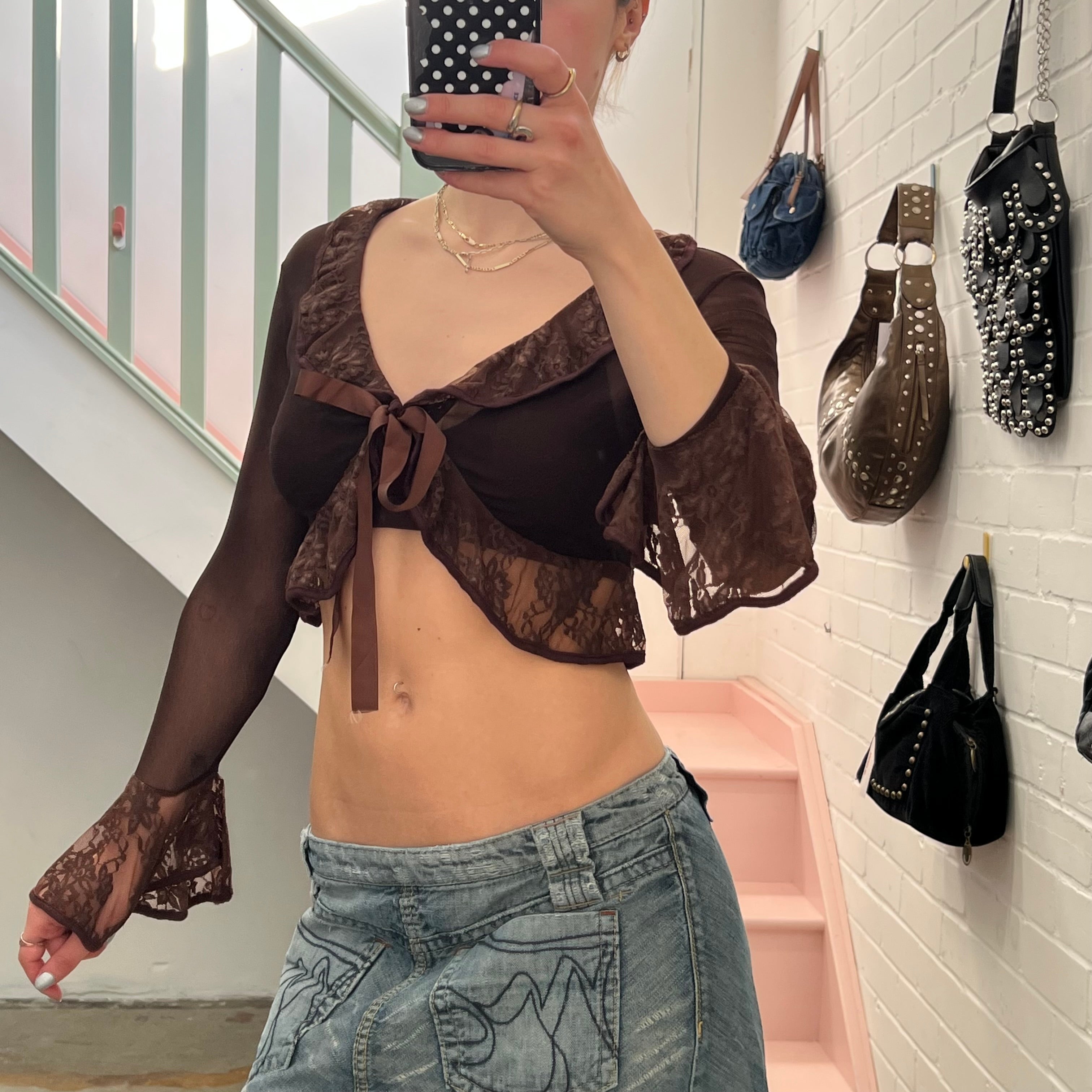 Brown mesh lace trim bolero