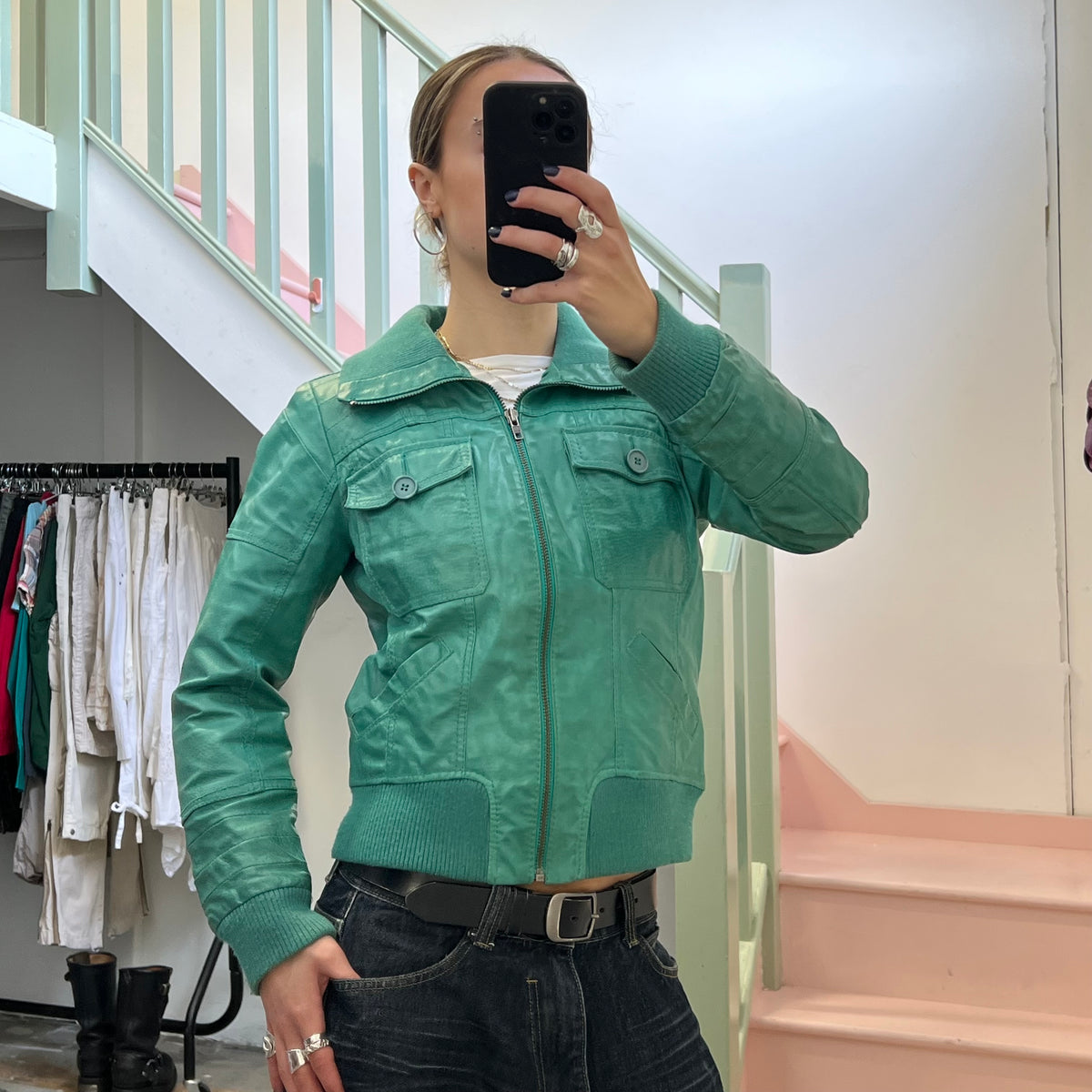 ONLY green leather bomber jacket