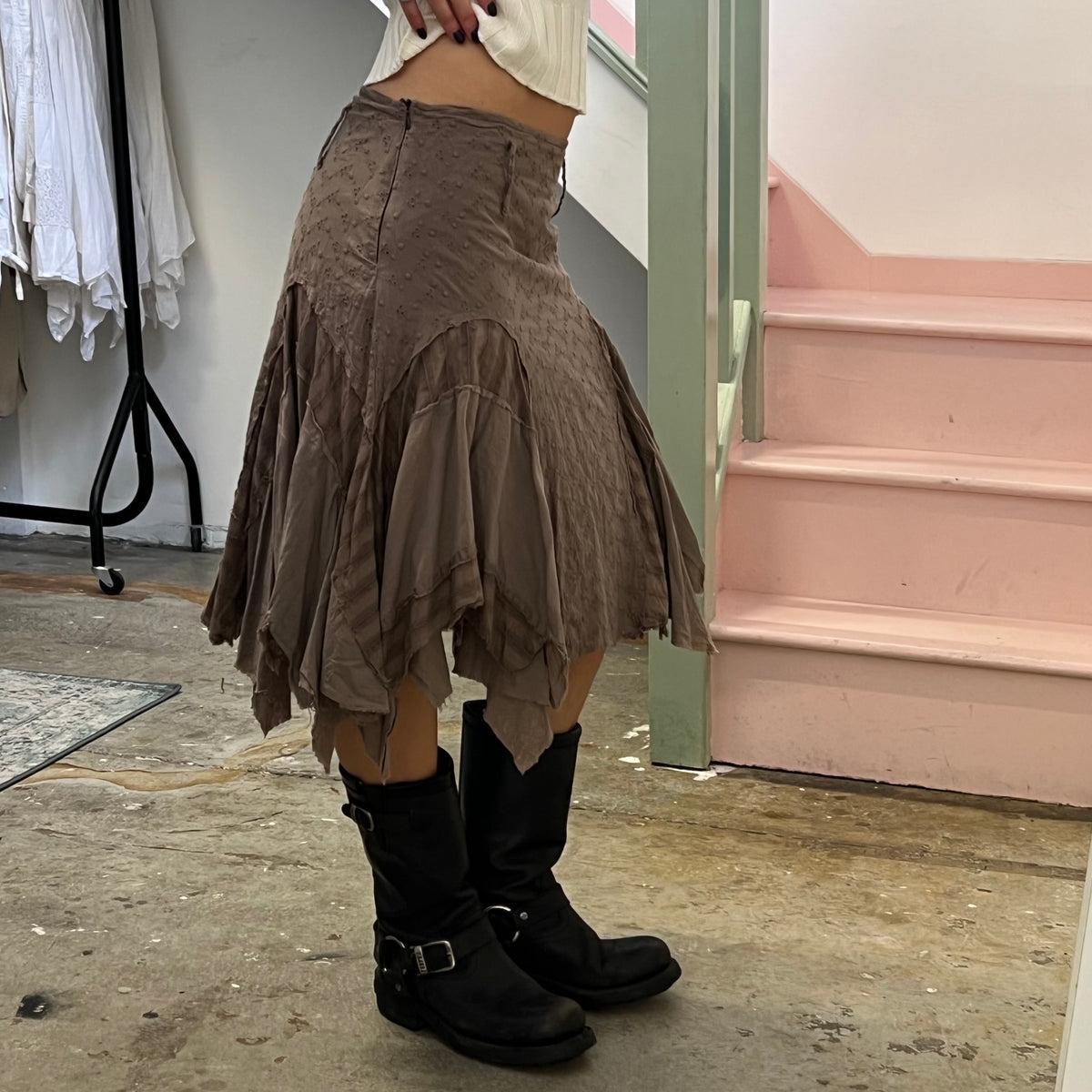 Brown ruffle patchwork asymmetrical midi skirt
