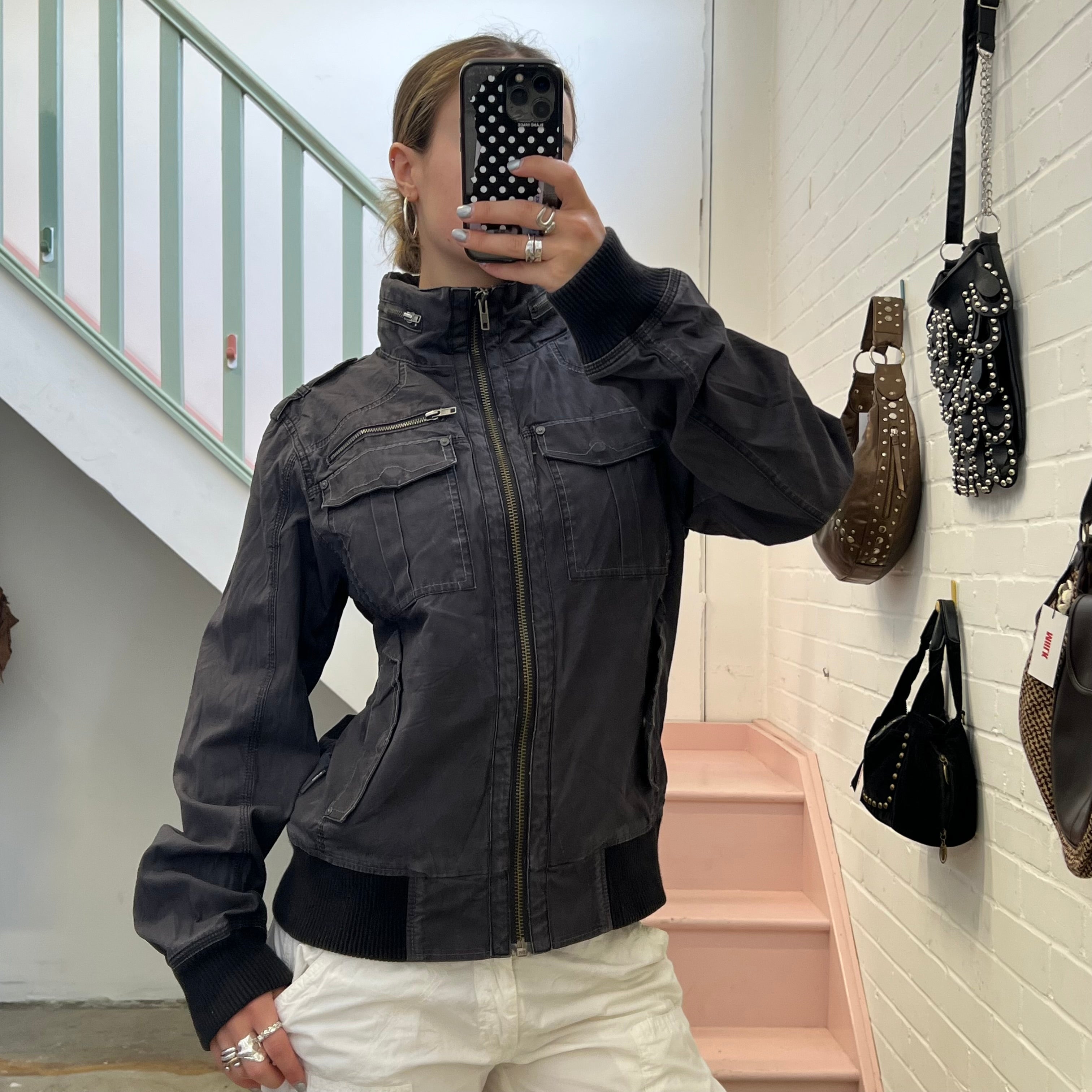 Navy grey oversized utility style bomber jacket
