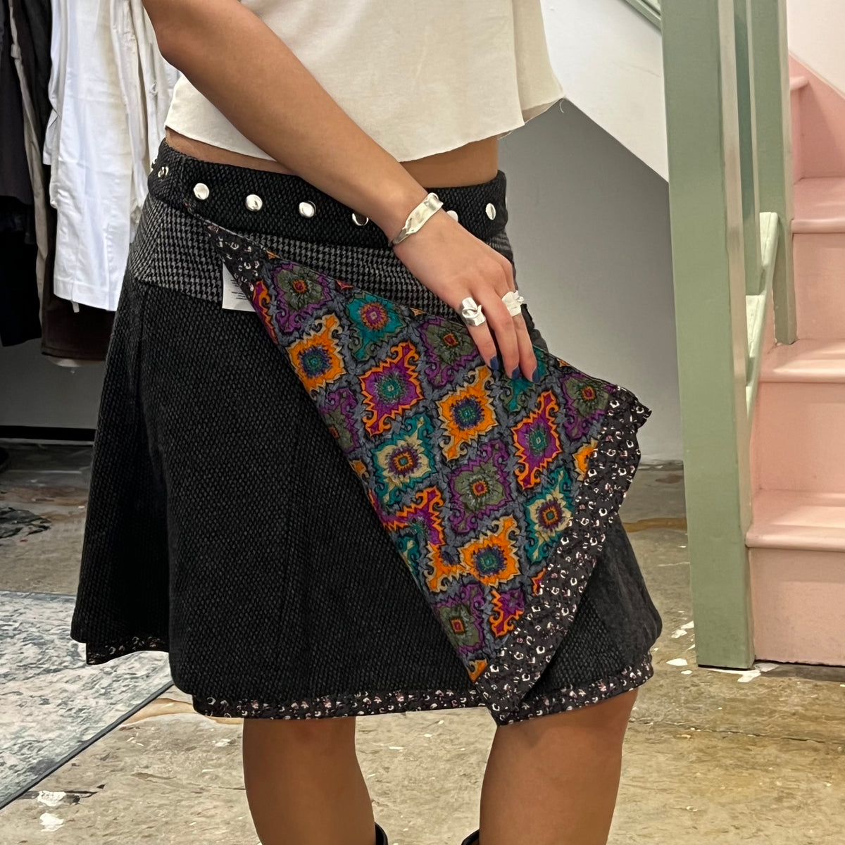 Moshiki grey wrap around reversible midi skirt