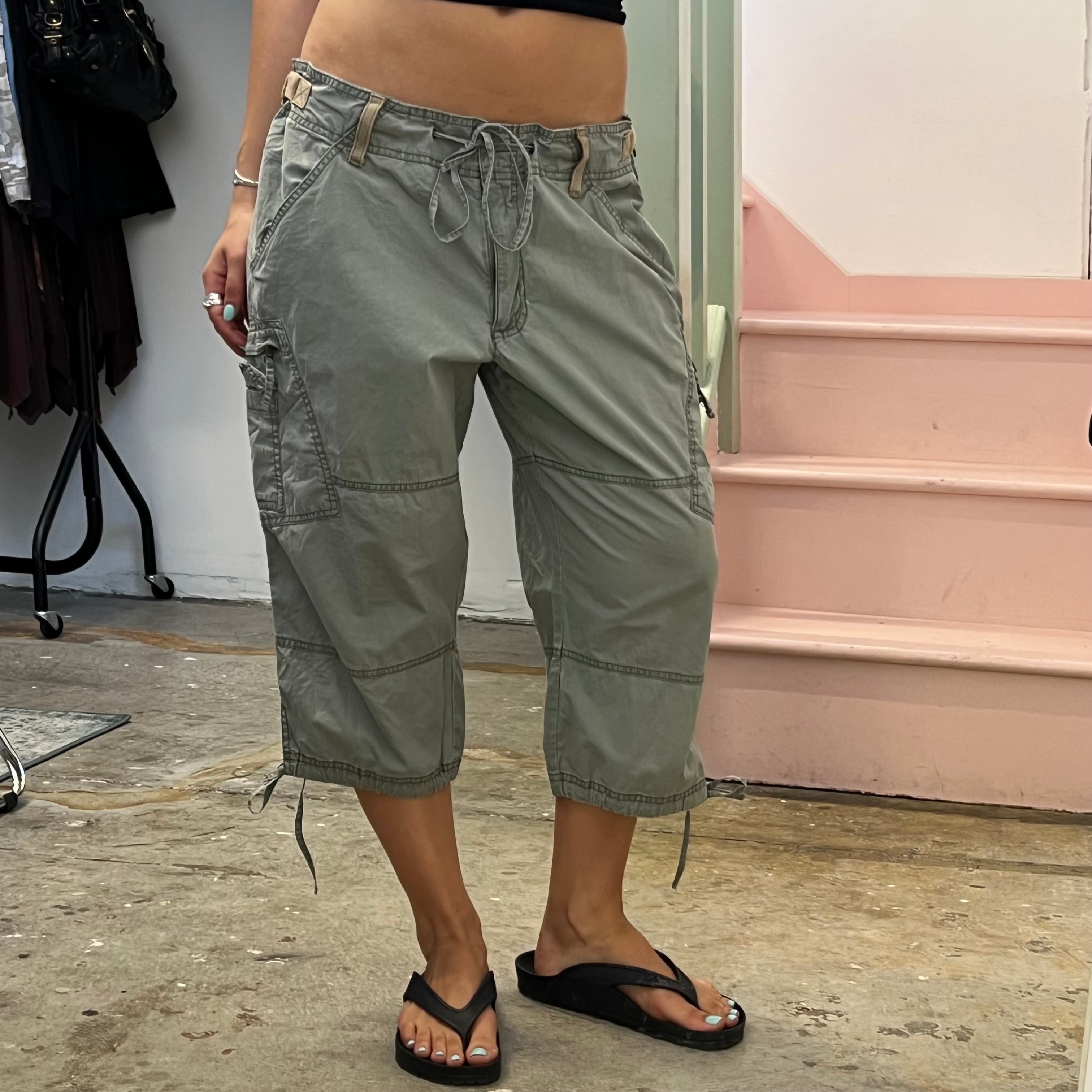 Khaki tie waist cargo capris