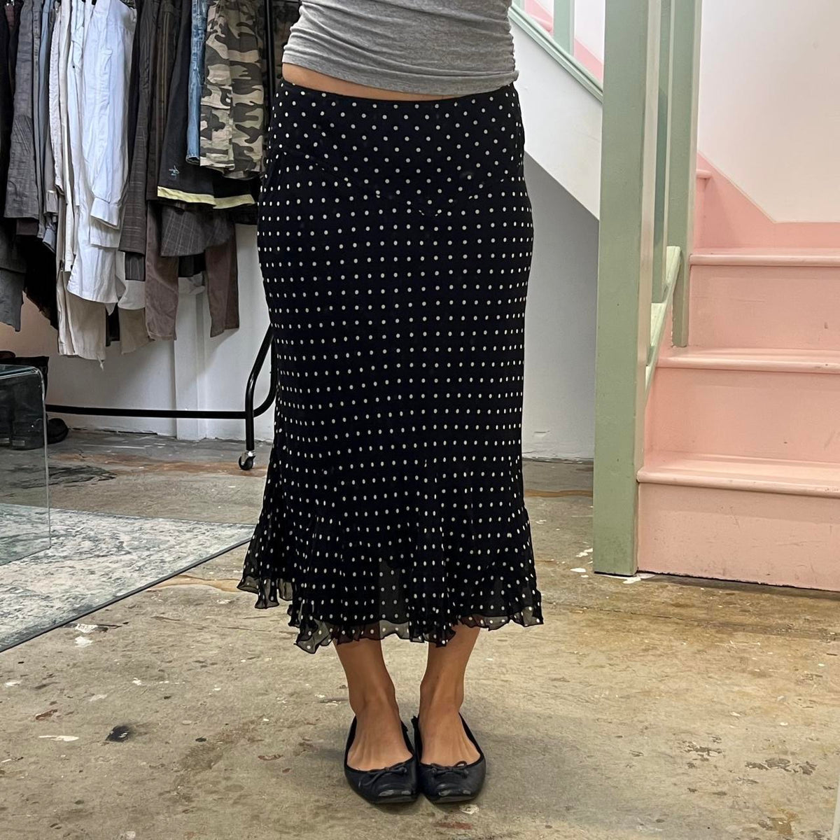 Black and grey polka dot maxi skirt